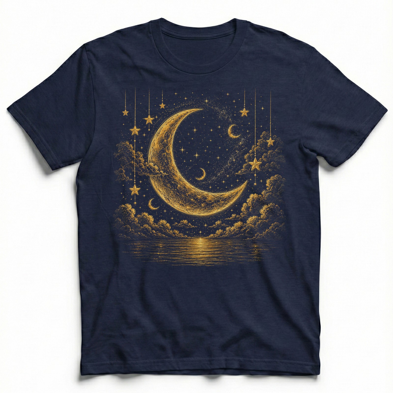 Golden Crescent Moon Stars T-Shirt Mystic Night Sky Reflection Tee