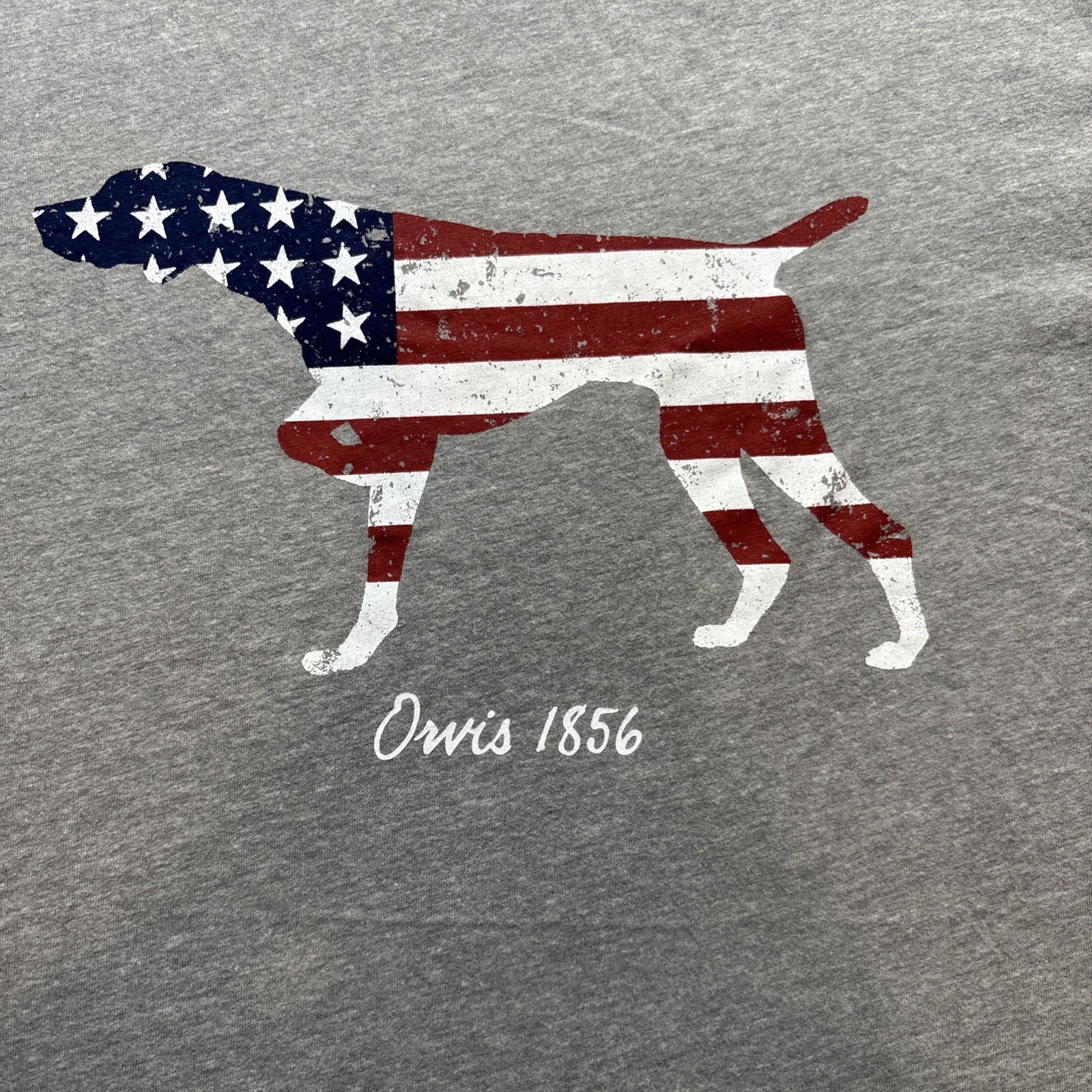 Orvis Patriotic Dog Graphic T-Shirt Gray Short Sleeve XL USA Flag 1856