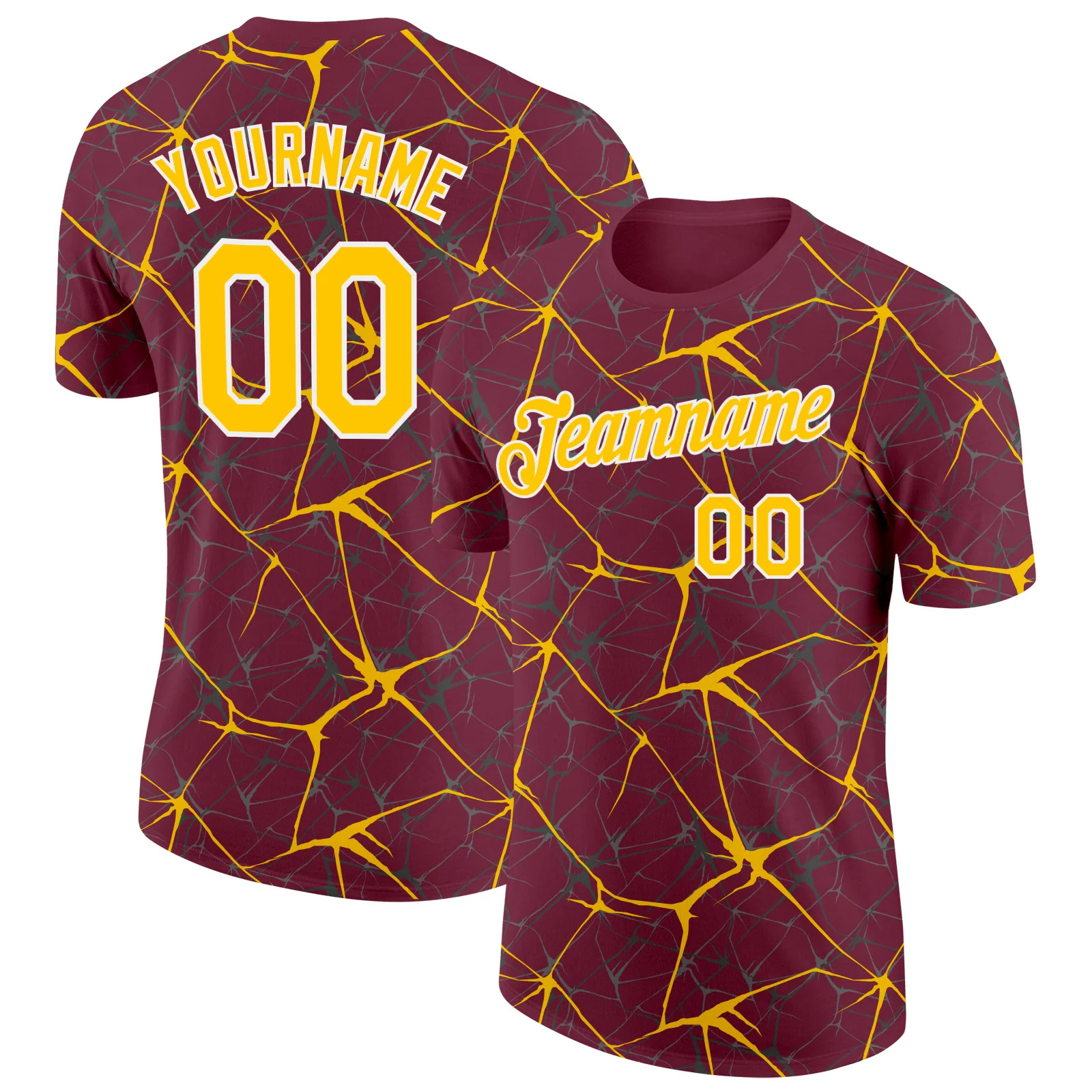 Custom Burgundy Yellow Abstract Crackle Sports Tee Personalized Jersey Gift