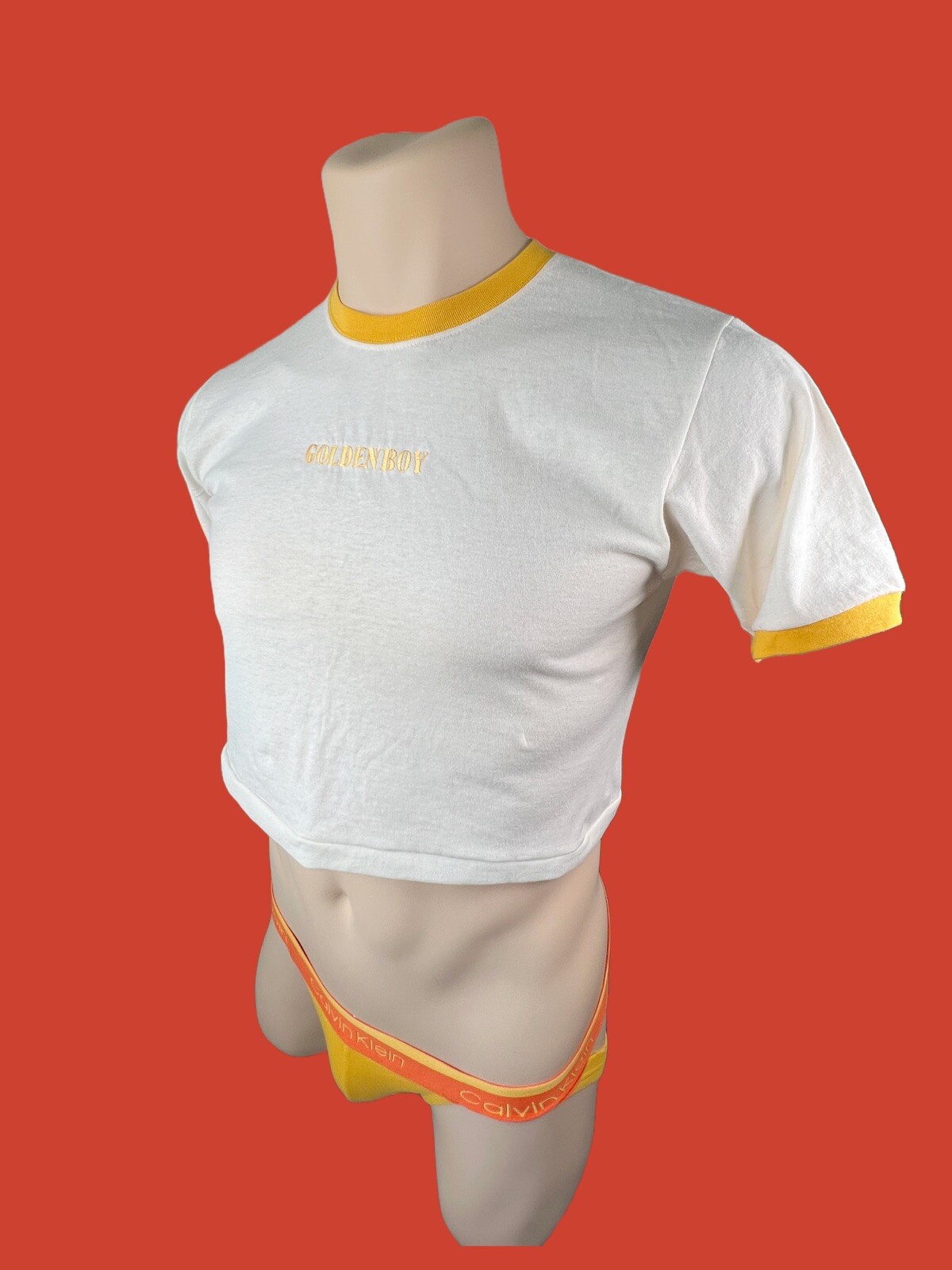 Personalizable Golden Boy custom embroidery men White ringer crop top T-shirt