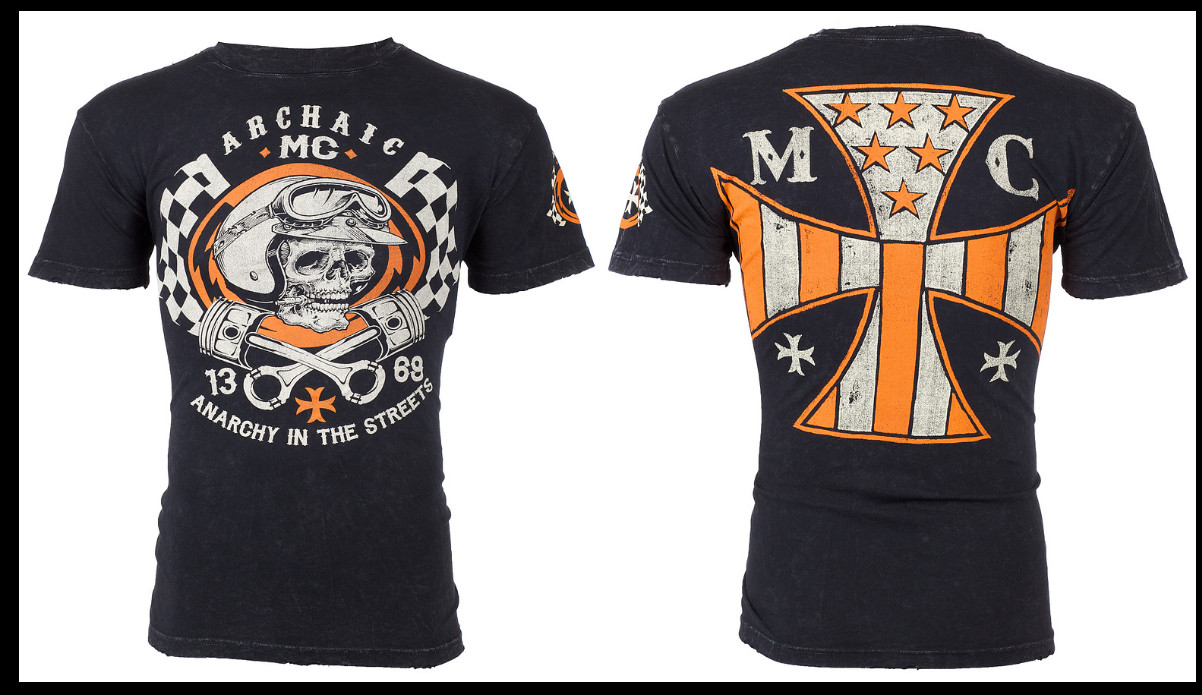 ARCHAIC by AFFLICTION Black Orange FUEL INJECTOR Short Sleeve Slim Fit T-shirt