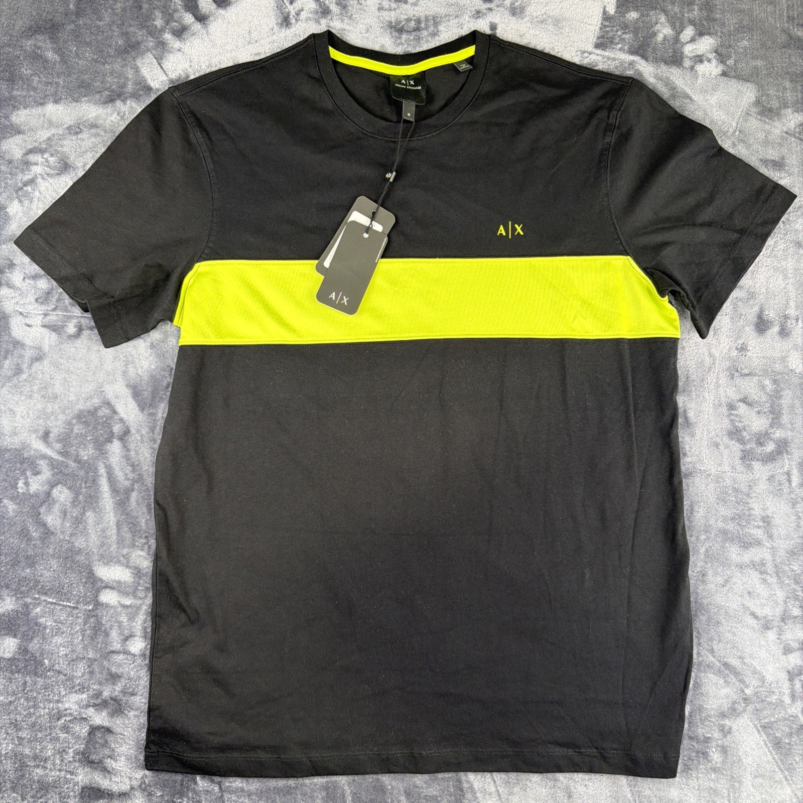 Armani Exchange Mens Large Black Neon Yellow Stripe Crewneck Short Sleeve Tee