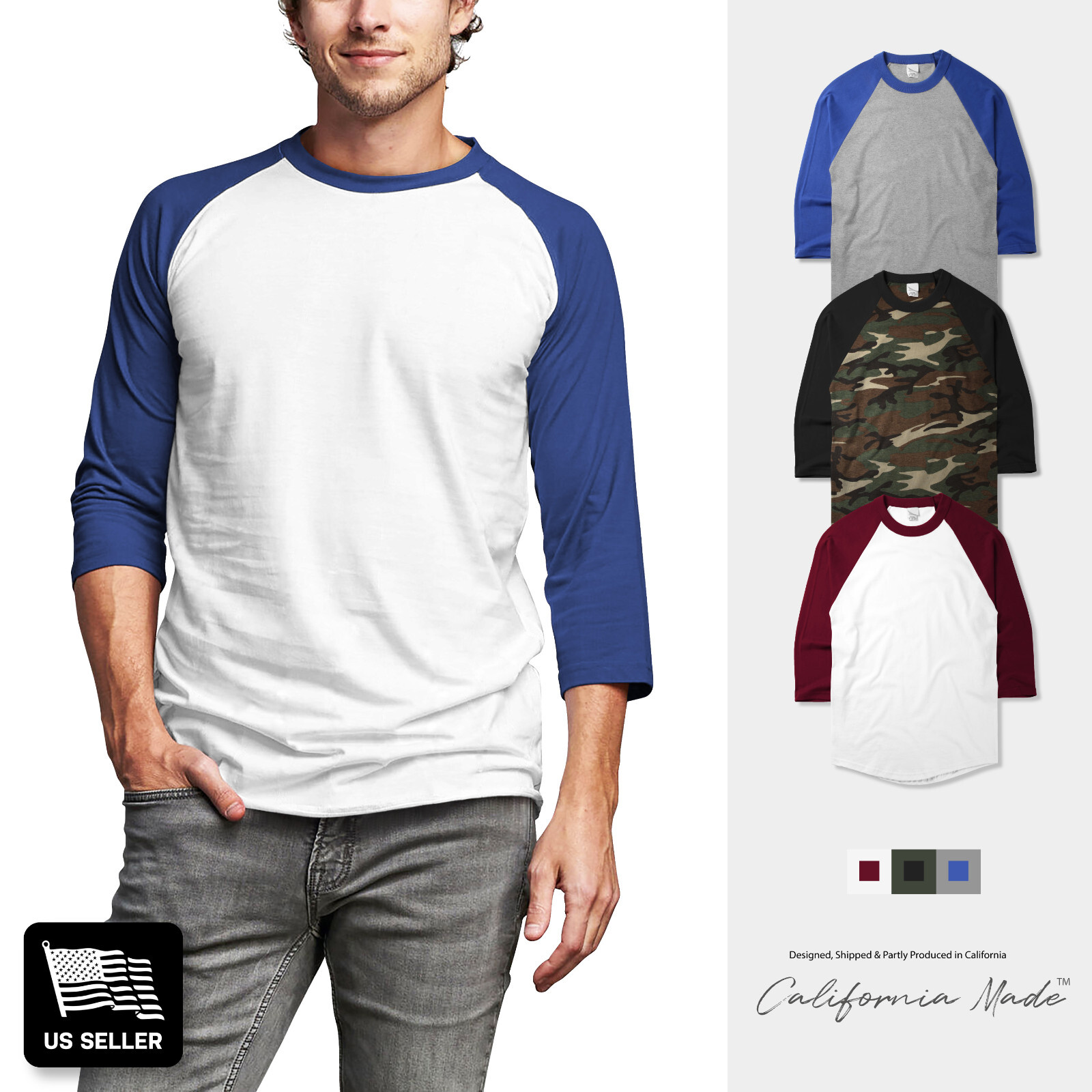Mens Baseball Raglan 3/4 Sleeve T Shirts Camouflage Sports Team School Dance