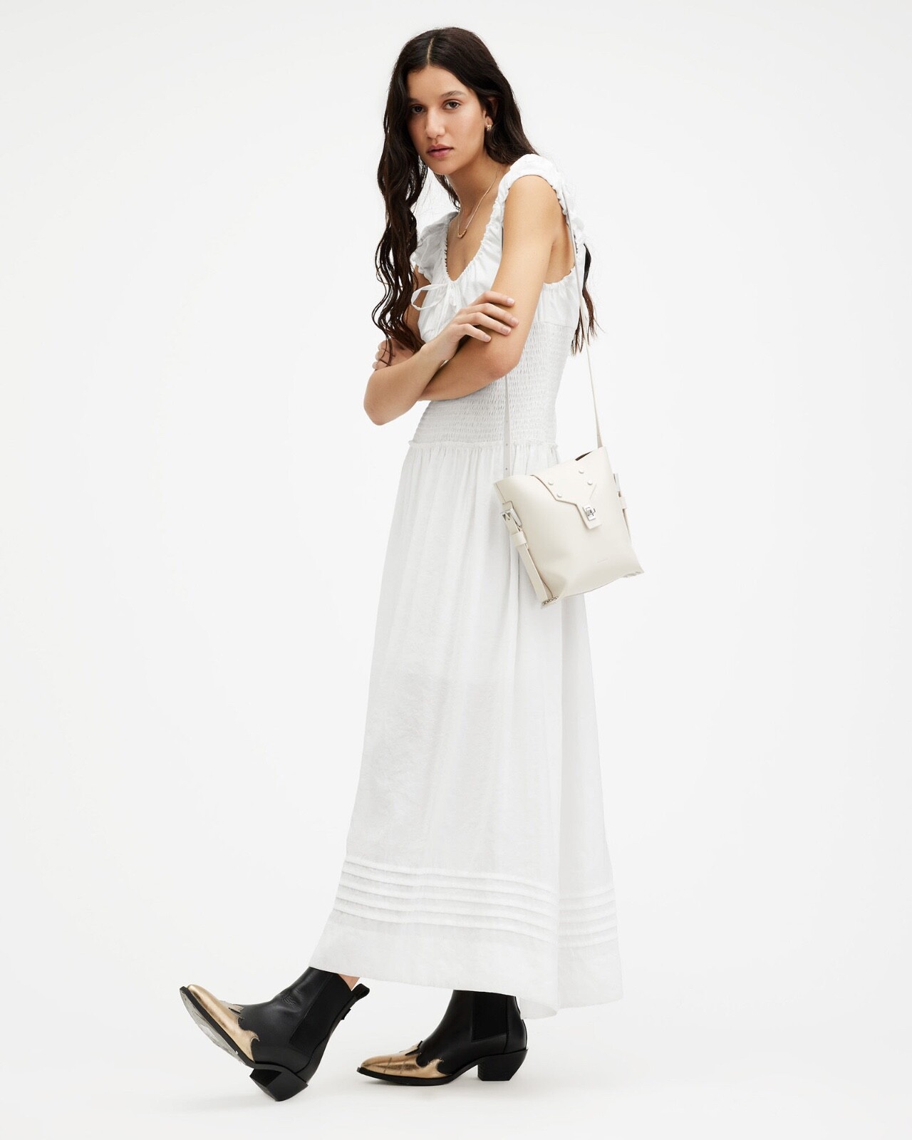 All Saints Eliza Maxi Dress Womens Designer Chalk White Scoop Neck Sleeveless
