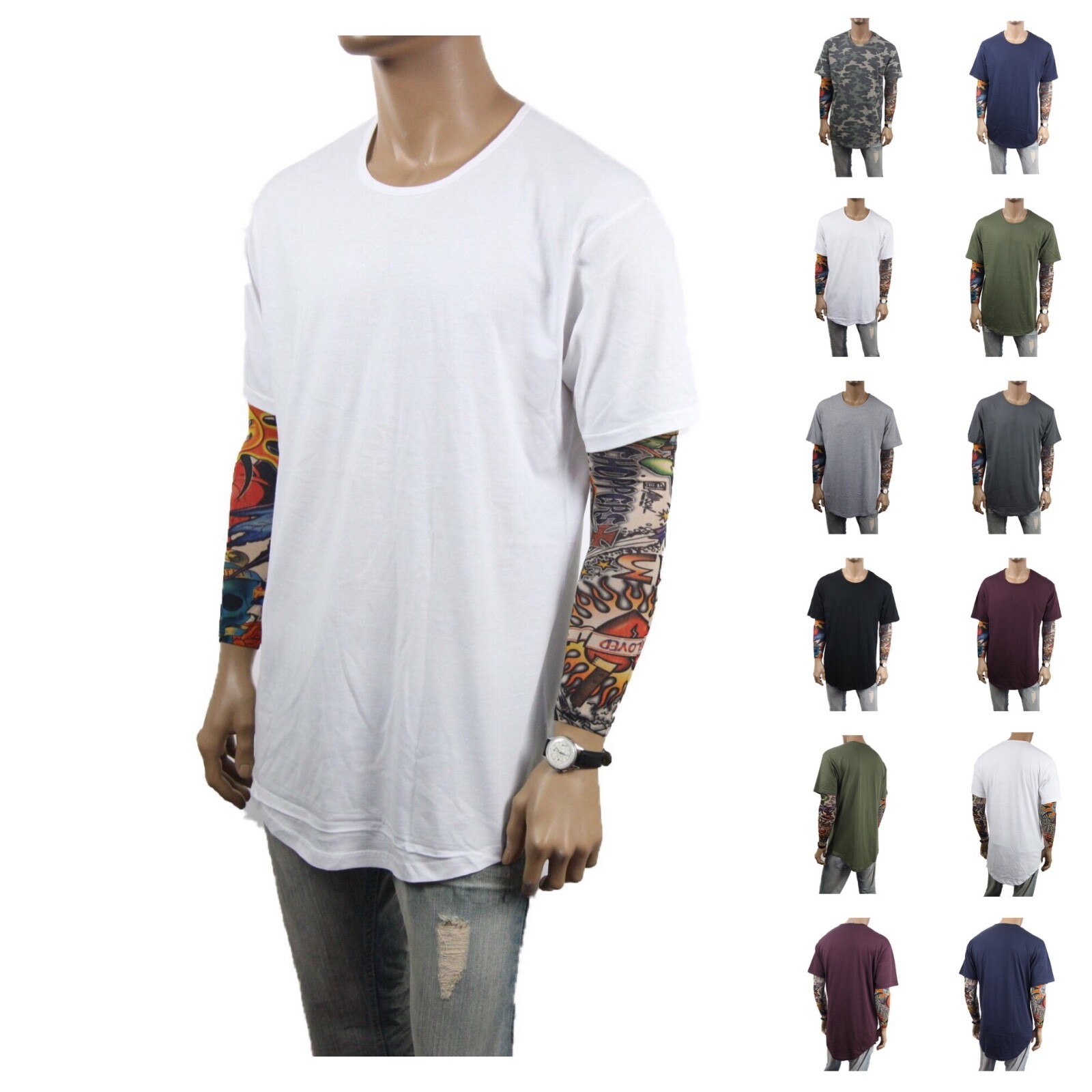 New Mens T-Shirt Long Extended Fashion Lightweight Tee Casual Hipster Crew Neck