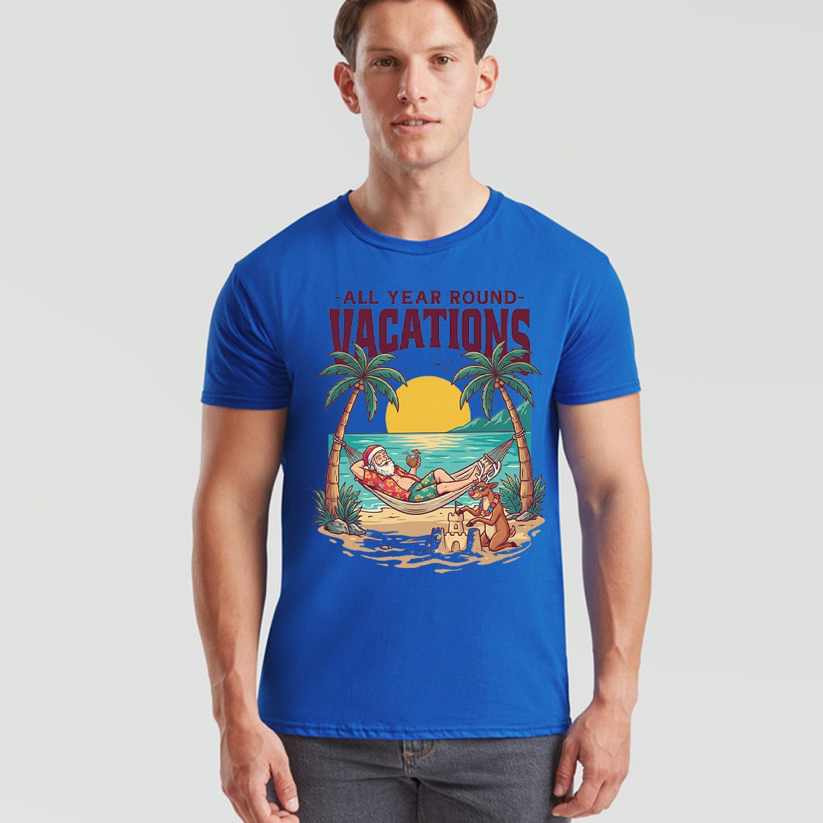 All Year Round Vacations Christmas Santa Reindeer Beach Graphic Unisex Tee