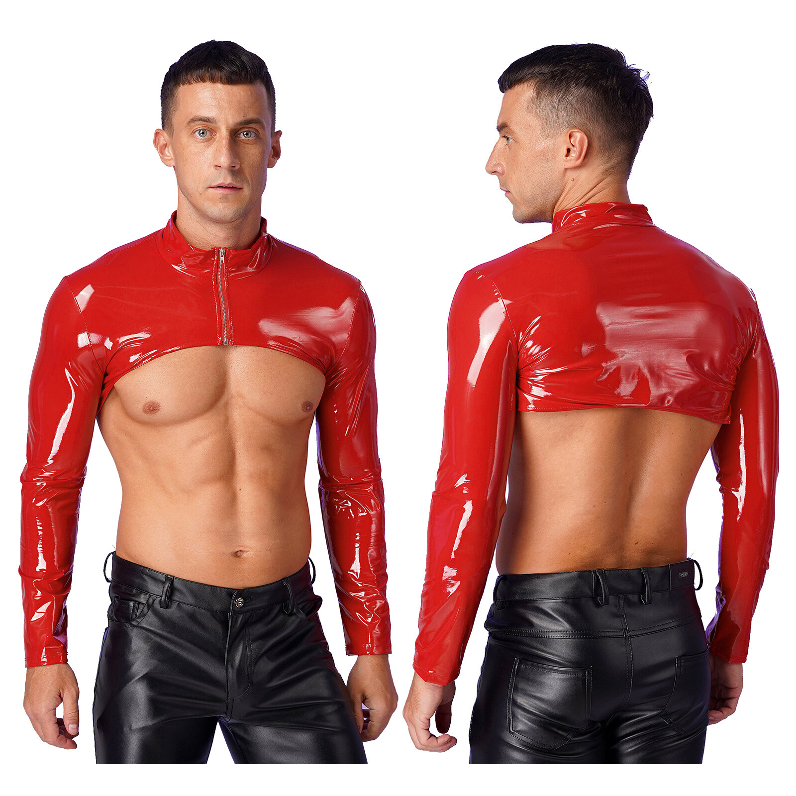 Mens Patent Leather Long Sleeve Tank Top Zipper Half Shrug Muscle Nightclub Tops