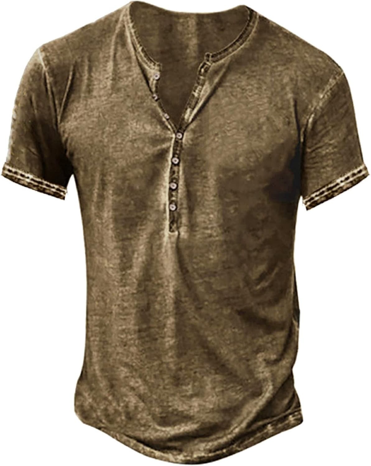 Mens Distressed Henley Shirt Short Sleeve Retro Washed Casual Slim Fit Tee