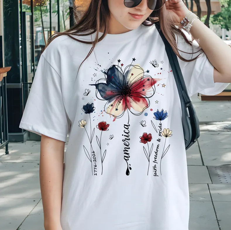 USA 250th Anniversary Comfort Colors Floral Tee, 1776-2026 Patriotic Shirt