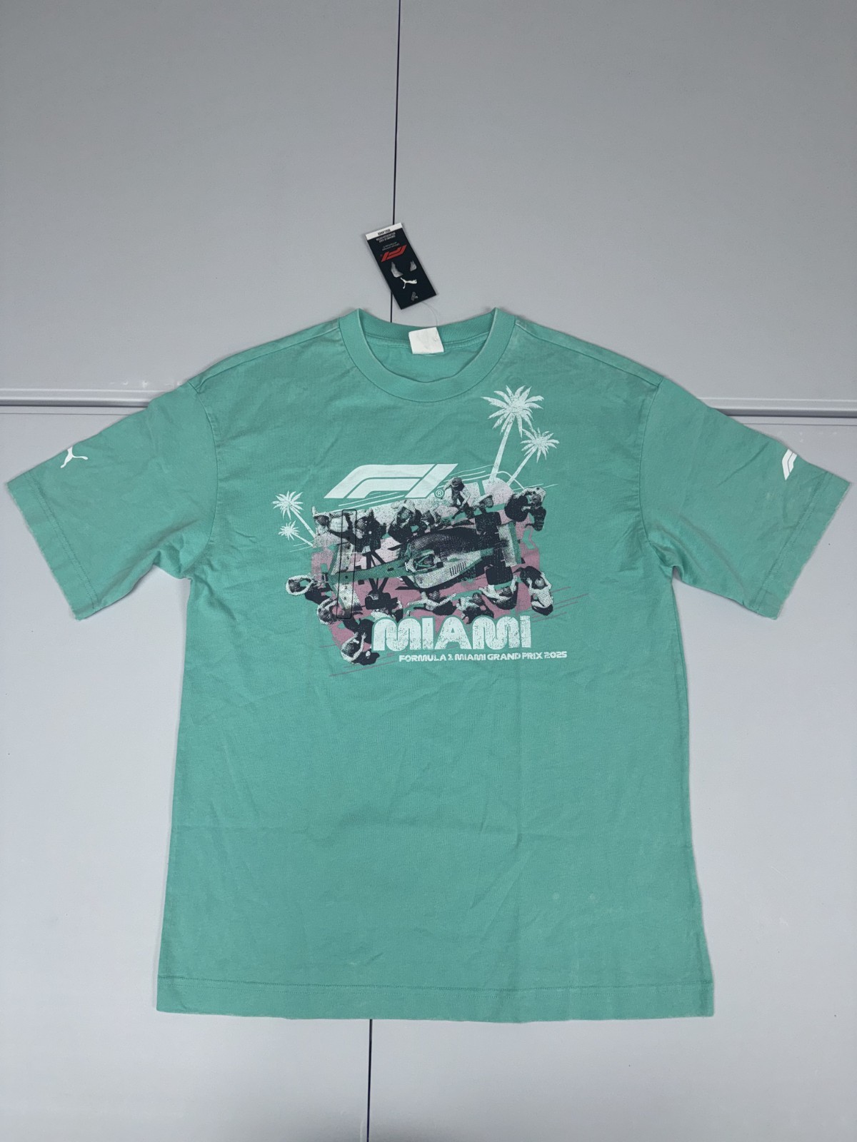 PUMA F1 Miami Pitstop Graphic Crew Neck T-Shirt Aqua Mens $45 NWT Pick Size