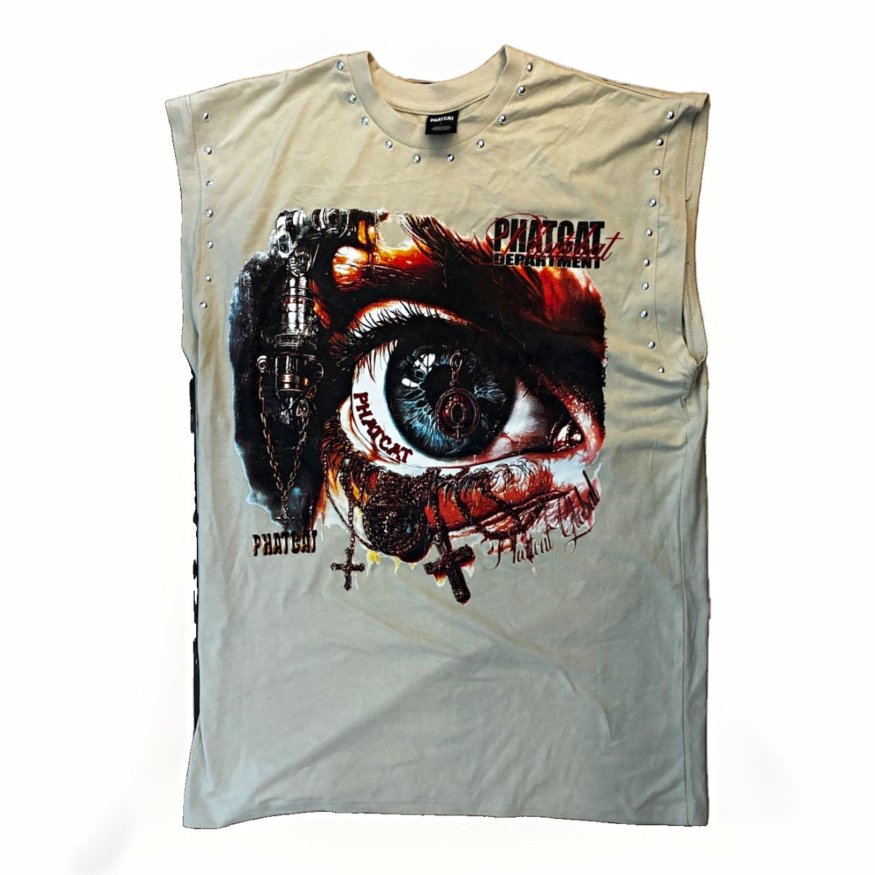 PHATCAT Men’s Studded Tattoo Graphic Print Crew Neck Sleeveless T-Shirt L Beige