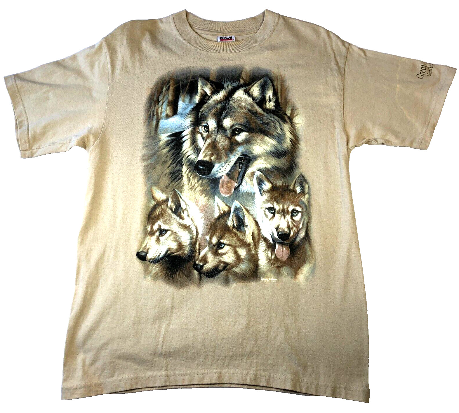 Great Smokies Anvil Mens T-Shirt Sz M Beige Wolf Pack Print by Spencer Williams
