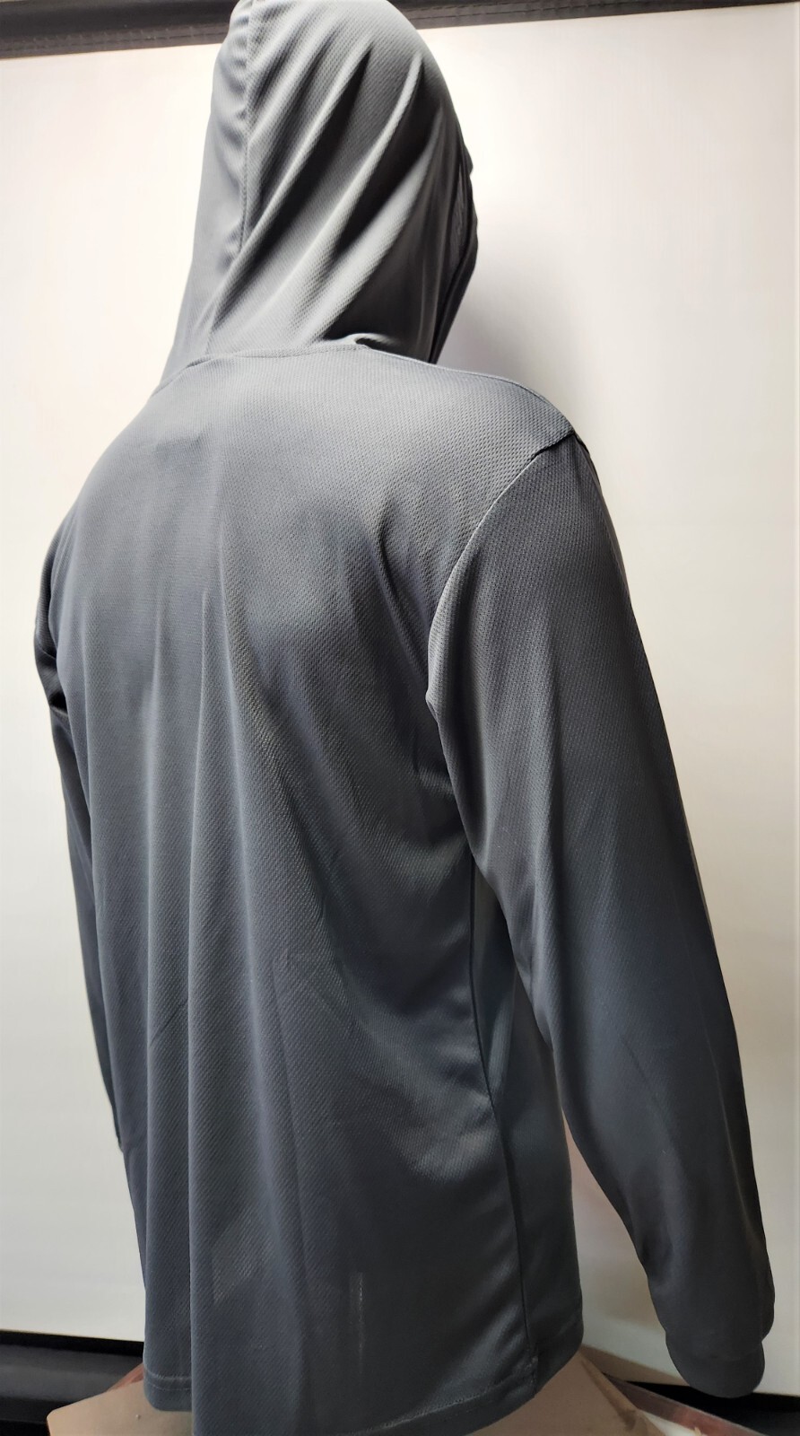 Gray Long Sleeve Shirt With Hoodie, Polyester birdeye mesh fabric
