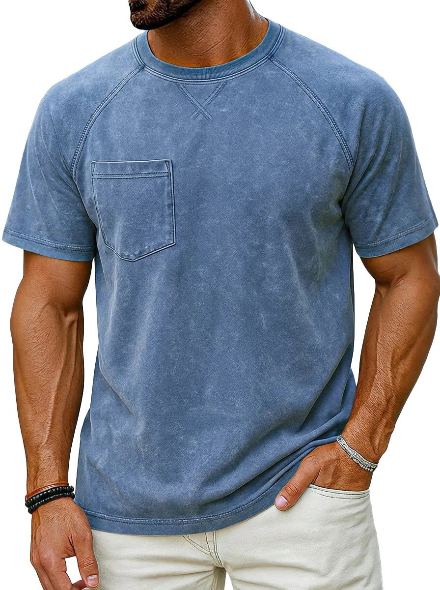Men’s Vintage Washed Raglan Short Sleeve T-Shirt, Pocket Crew Neck Casual Tee