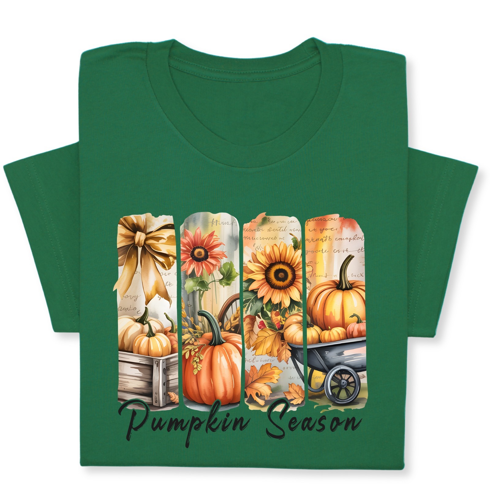 Pumpkin Season Print Shirt, Fall Tee with Sunflowers & Cart