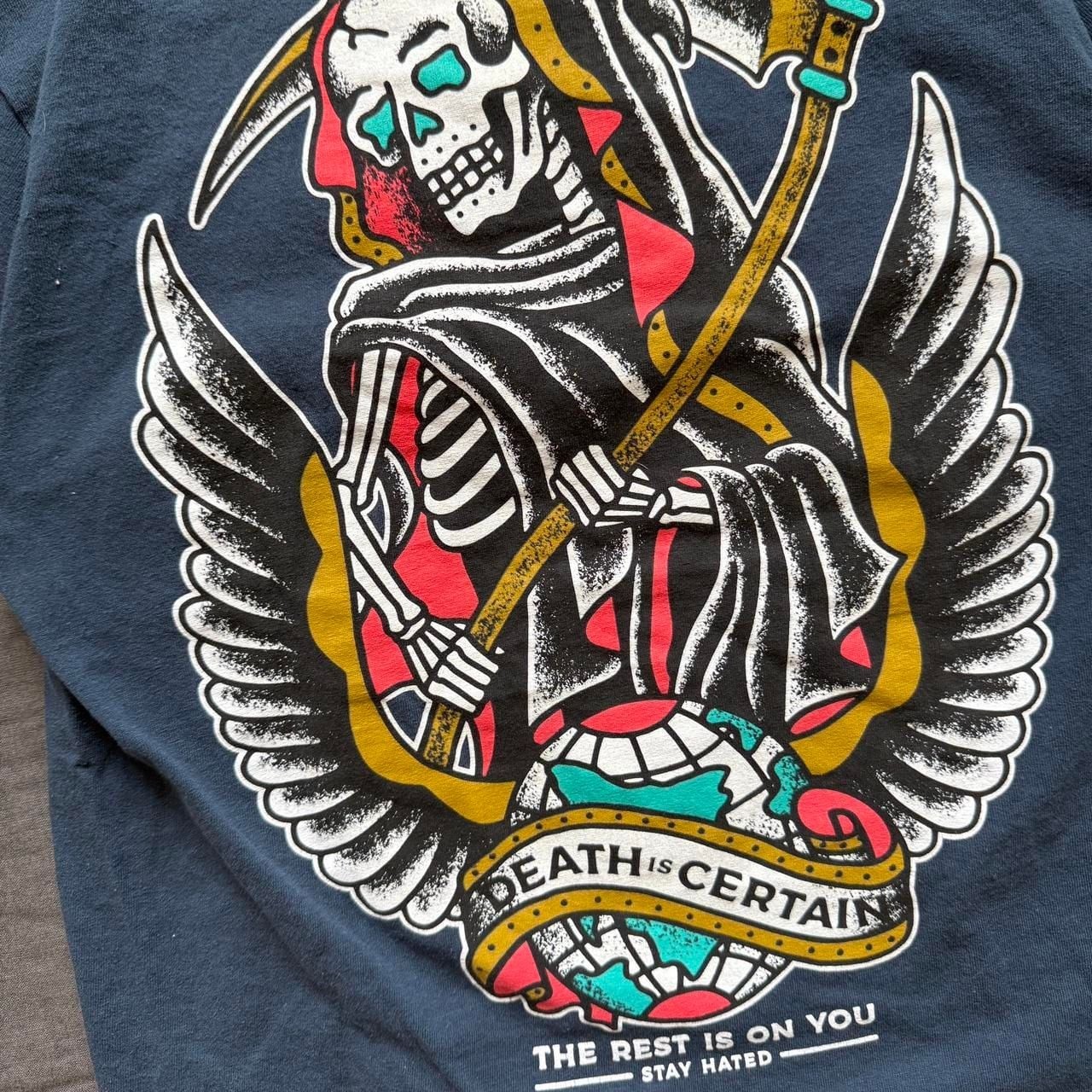 DEATH IS CERTAIN Graphic Skater Tee – Faded Blue Grunge Shirt, Size M
