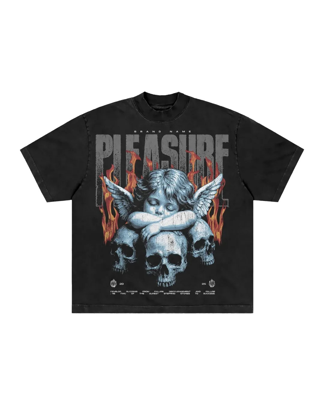 Men’s Vintage Washed Graphic T-Shirt Angel Skull Fire Print Gothic Streetwear Te