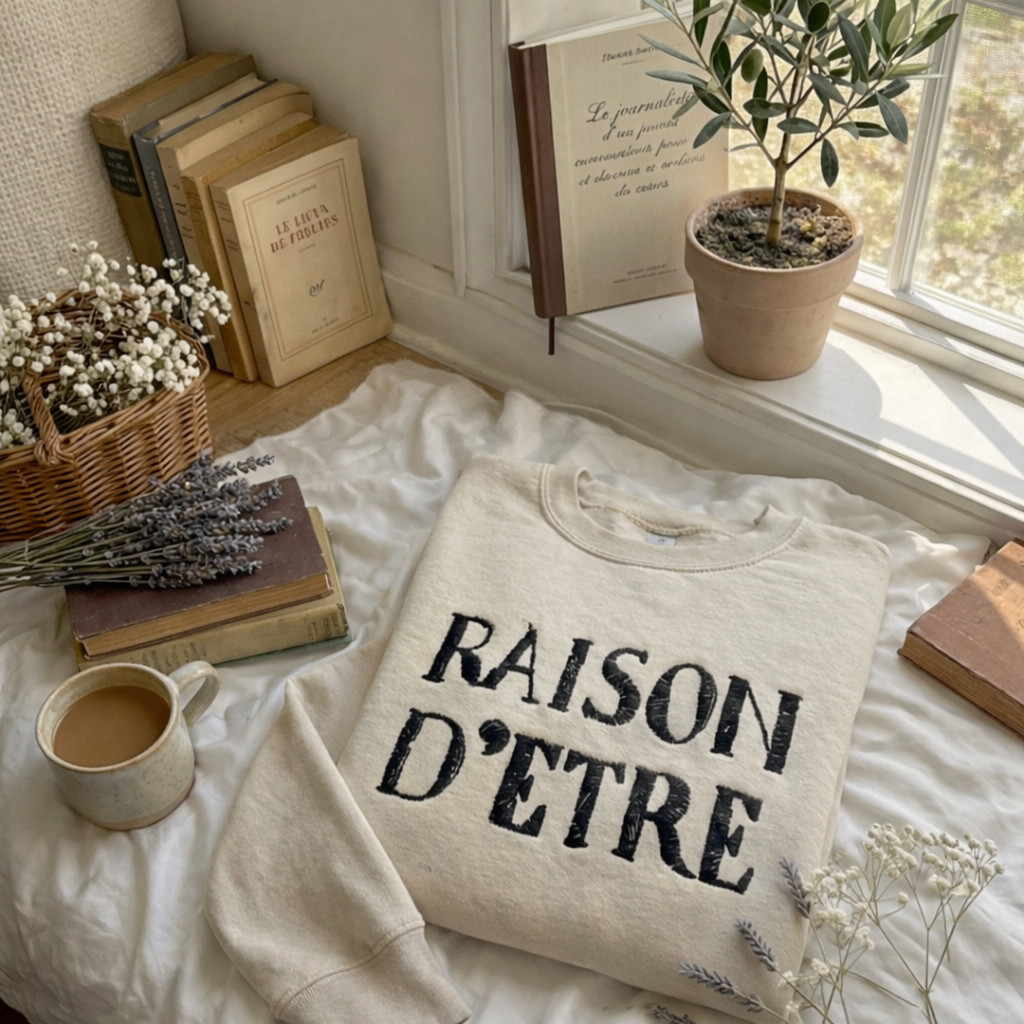 Embroidered Raison D’Etre Sweatshirt, Retro TV Quote Unisex Crewneck