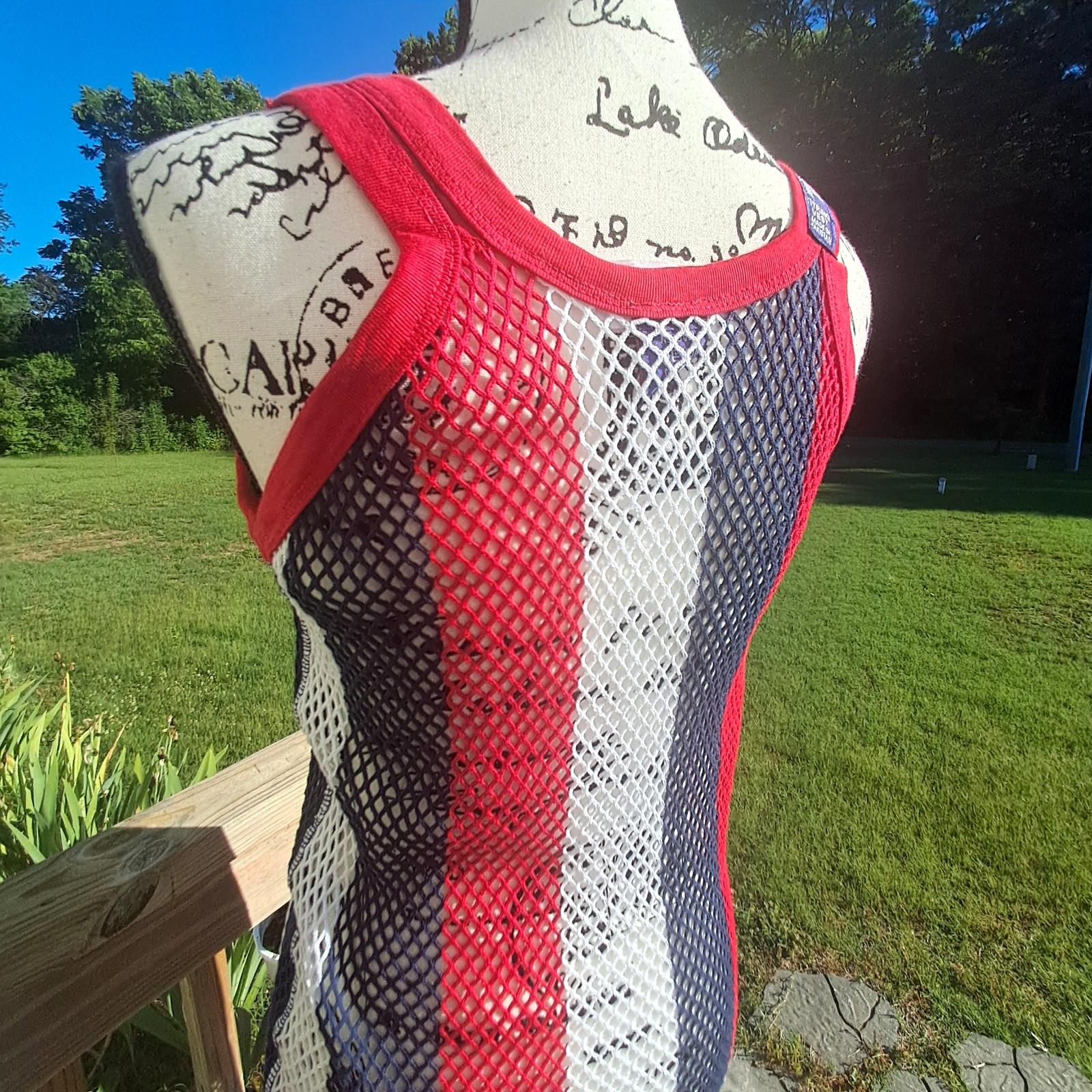 Vintage Trends String Vest Mesh Fishnet Tank Top Dress Large Patriotic USA Flag