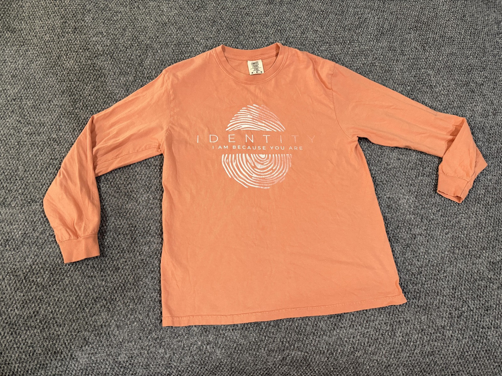 Comfort Colors Identity Shirt Mens Medium Orange Fingerprint Graphic Long Sleeve