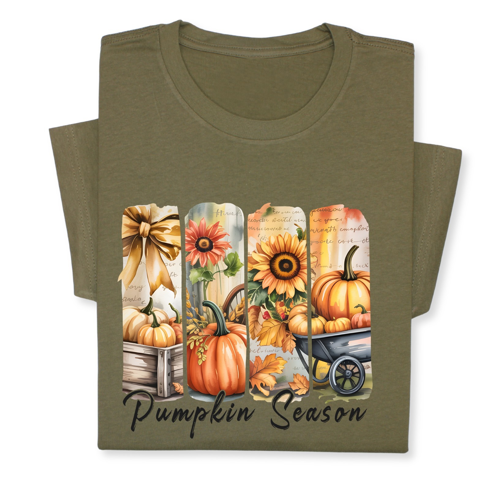 Pumpkin Season Print Shirt, Fall Tee with Sunflowers & Cart