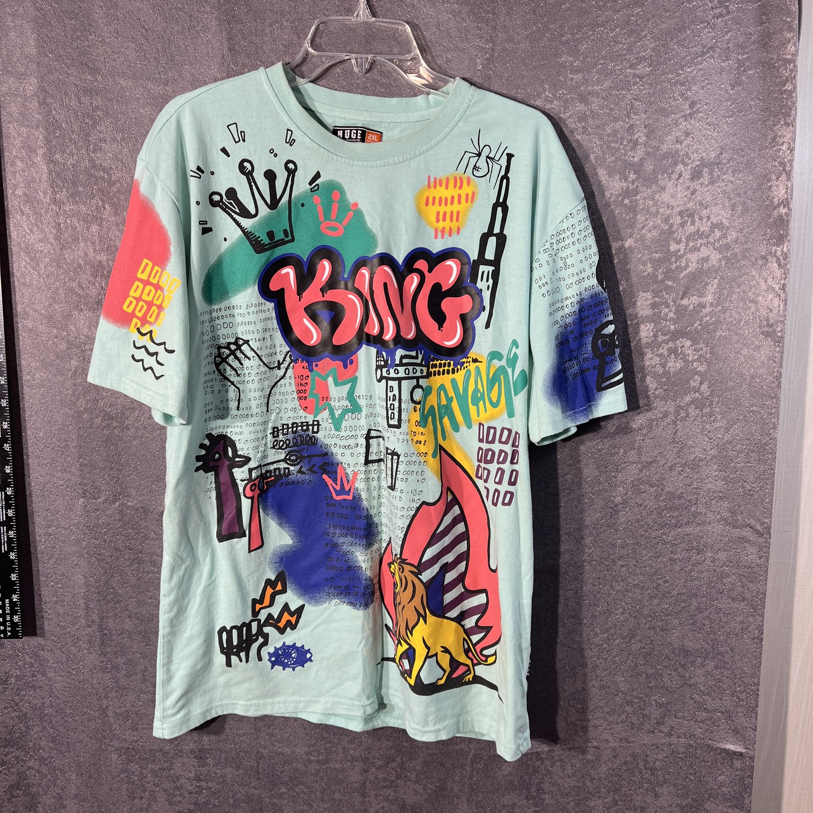 HUGE Fashion Exchange Men’s 2XL Aqua Graffiti King Savage Graphic T-Shirt Cotton