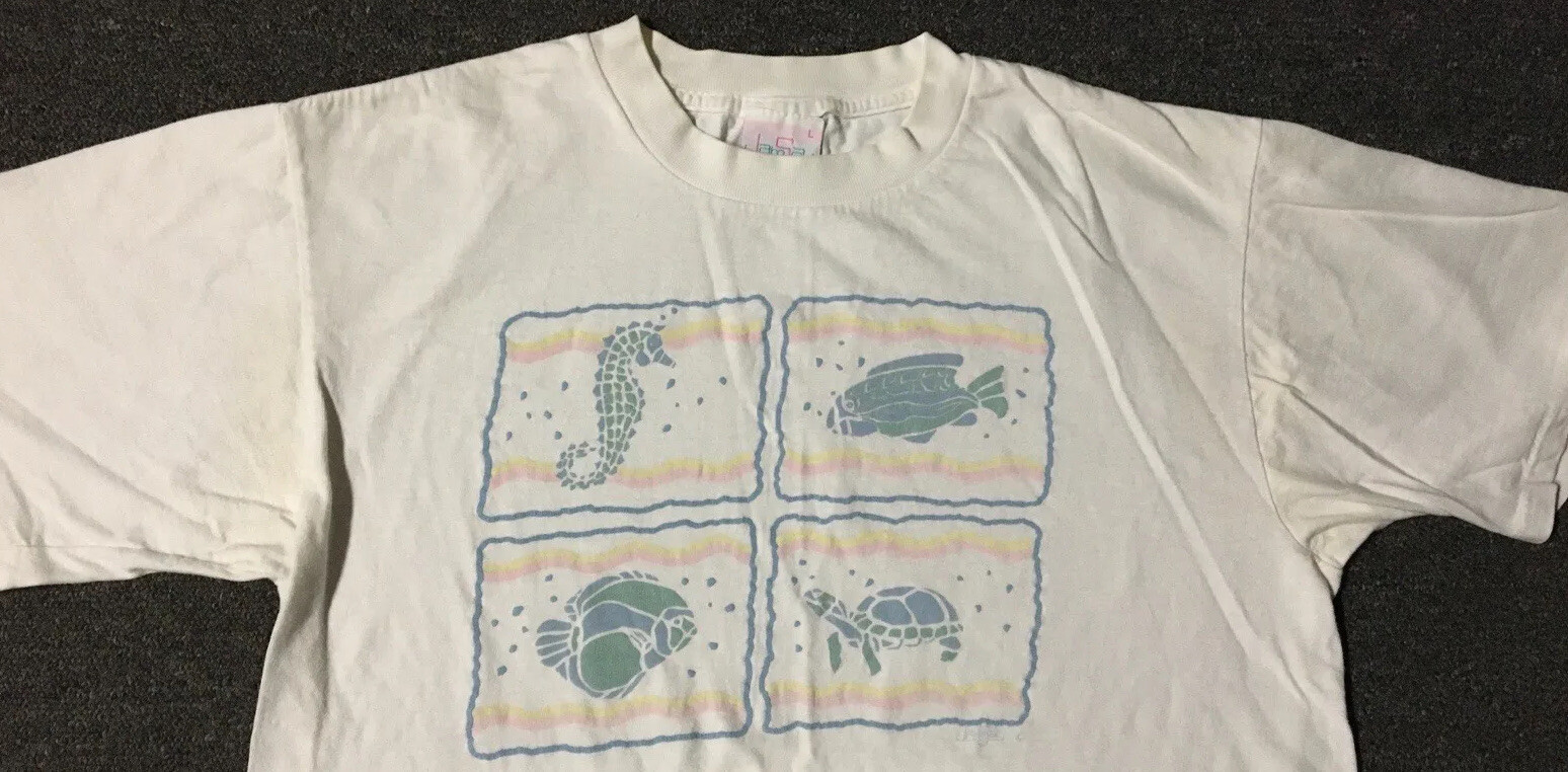 Vtg 90s Sea Life Faded Shirt M USA Fish Beach Nature Art Surf Grunge Hawaii 80s