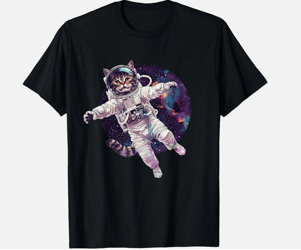 Funny Cat Astronaut in Space T-Shirt NEW