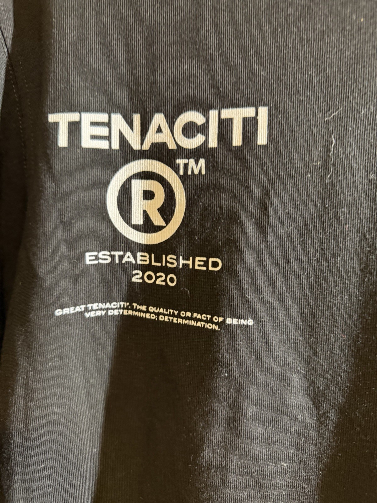 Tenaciti Studios t-shirt features a large fuzzy “T” logo on the right chest SZ S