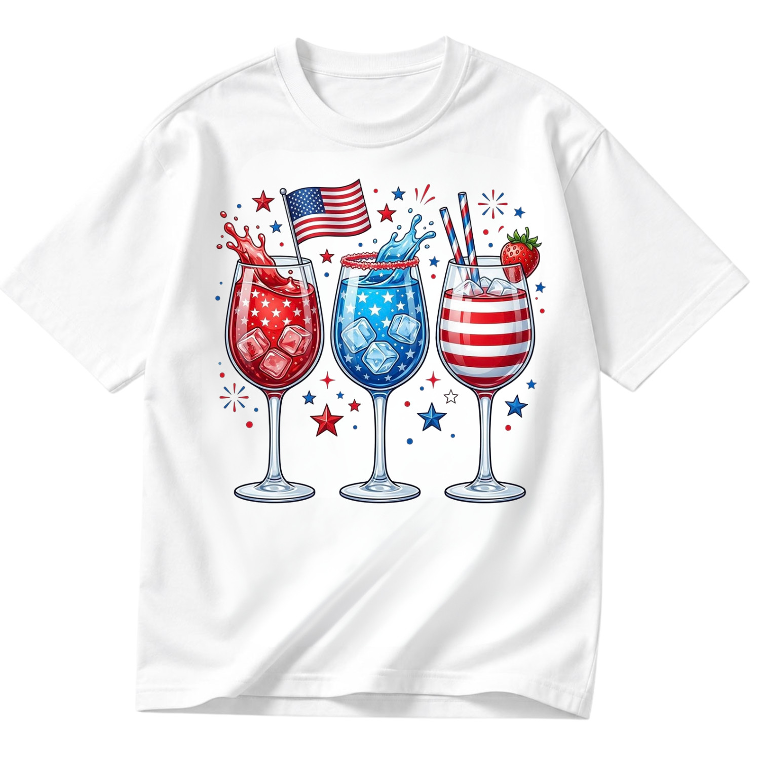 USA 4th of July Wine Glass Shirt Patriotic Red White Blue Cocktail Tee Gift