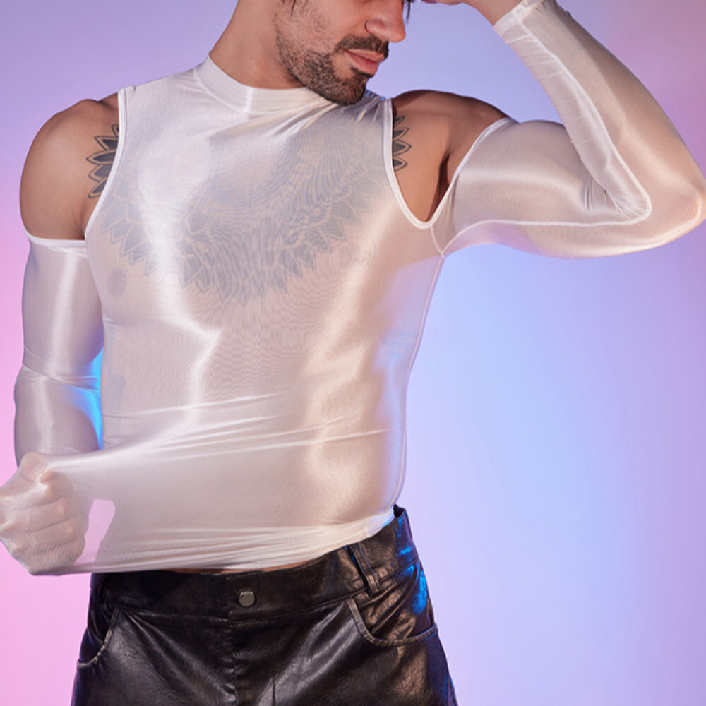 Men Tights Tops Shirt T-shirt Sexy Hollow Out Oiled Shiny Party Clubwear Fashion