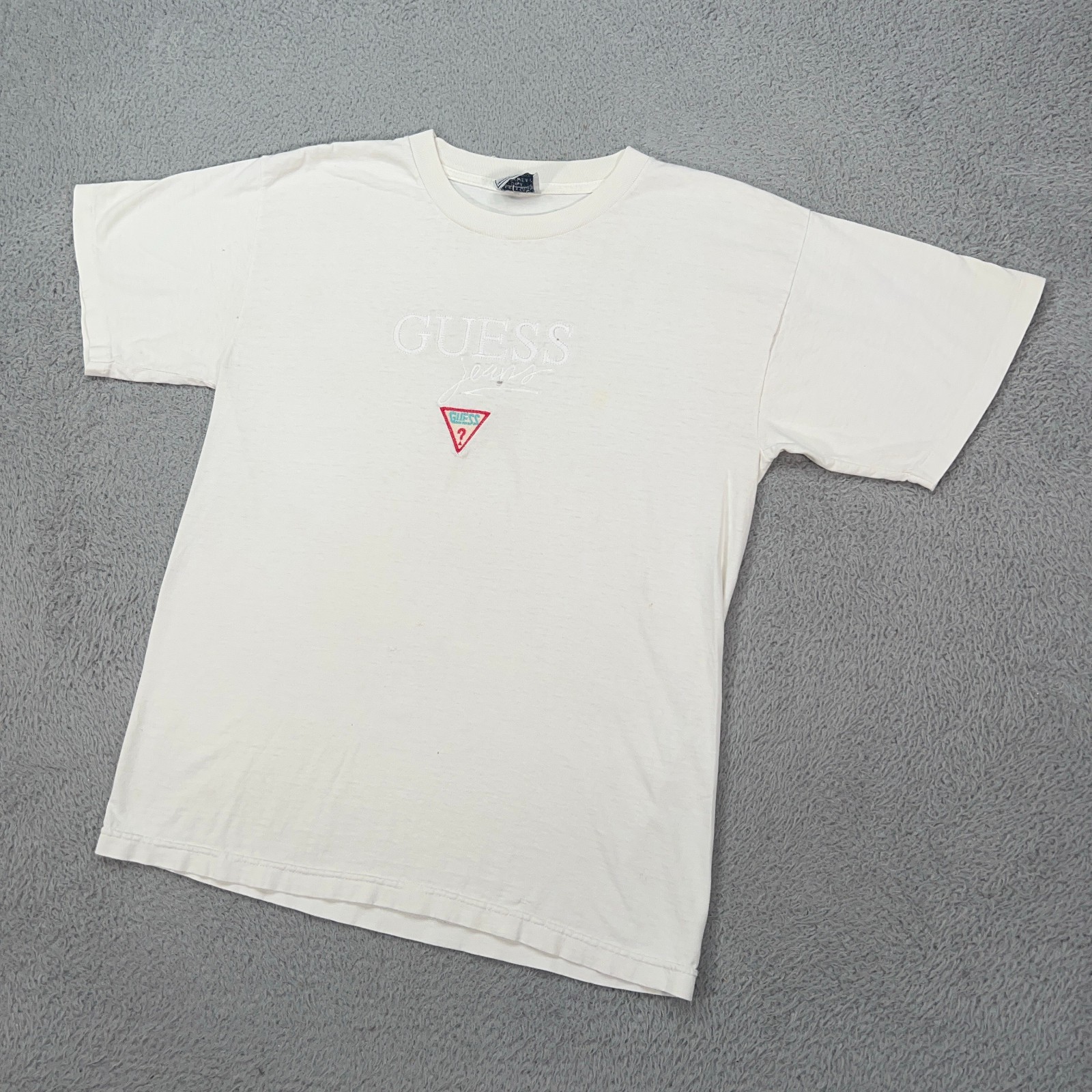 VINTAGE Guess Jeans Shirt Mens Medium White Embroidered Single Stitch Workwear *