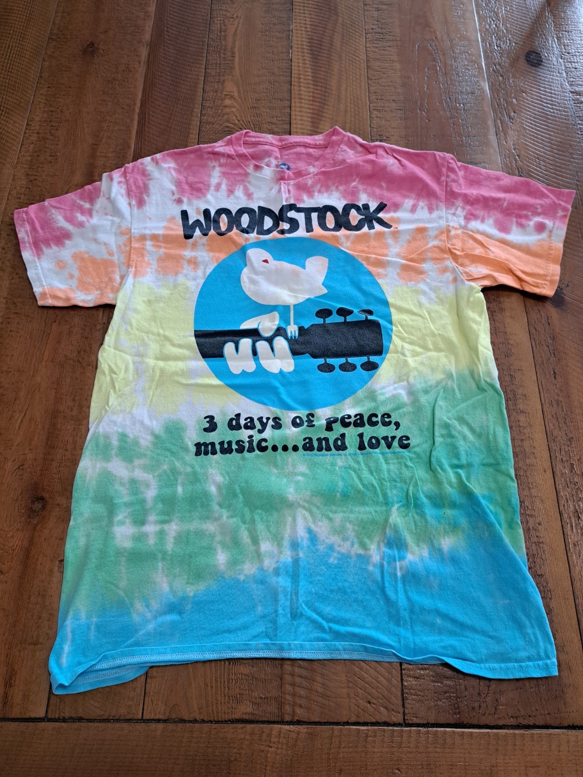 Woodstock Peace Love Music Men’s T-Shirt Multicolor Tie Dye, Size M