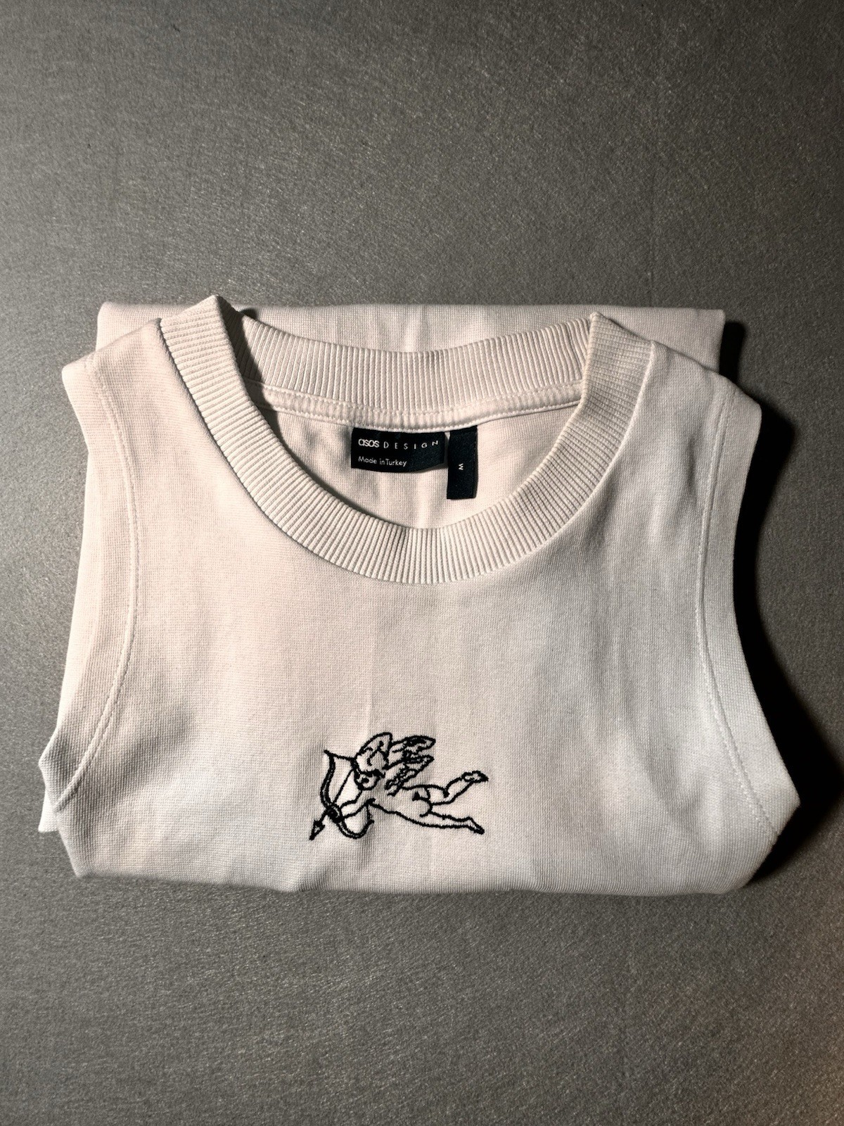 ASOS DESIGN Off White Ribbed Tank Top Cherub Cupid Embroidered Graphic Mens M