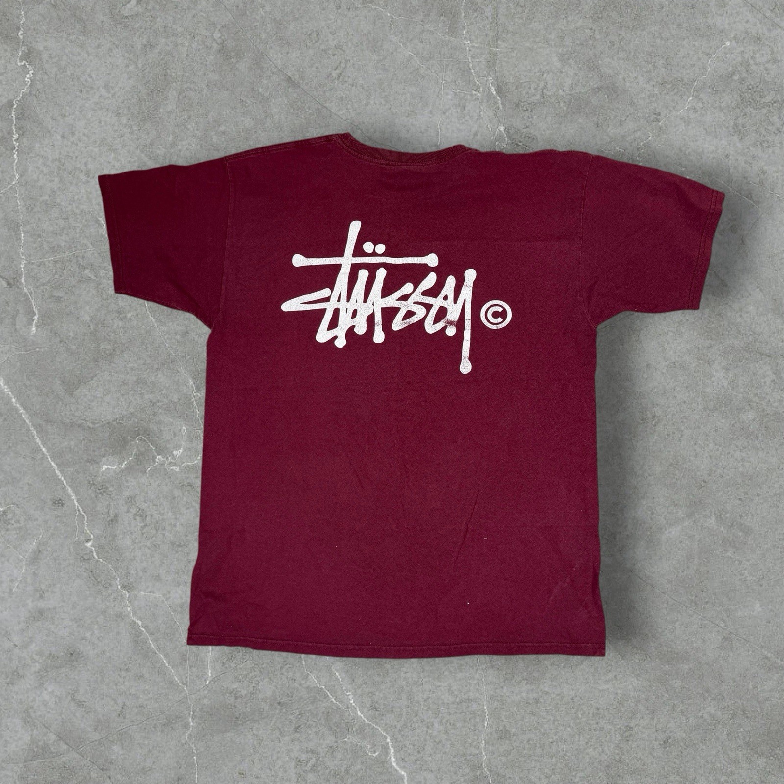 Stussy Men’s Burgundy Logo Crew Neck Short Sleeve Cotton Jersey T-Shirt L