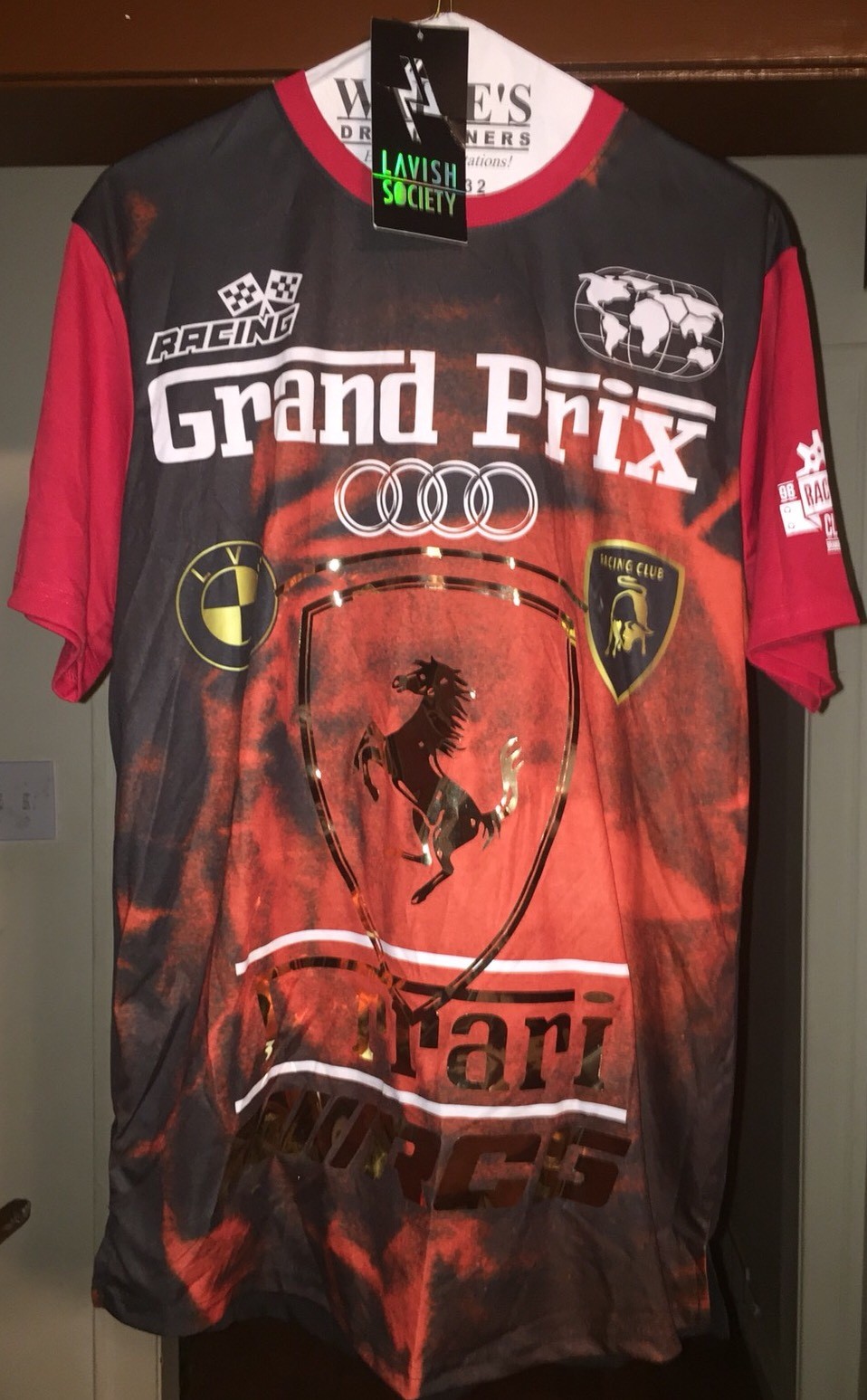 Lavish Society Men’s XL Metallic Foil Print Red Racing Jersey Shirt T-Shirt NWT