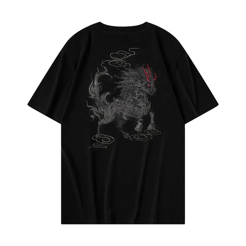 Men Embroidered T-Shirt Mythical Beast Sukajan Casual Short Sleeve Cotton Tee