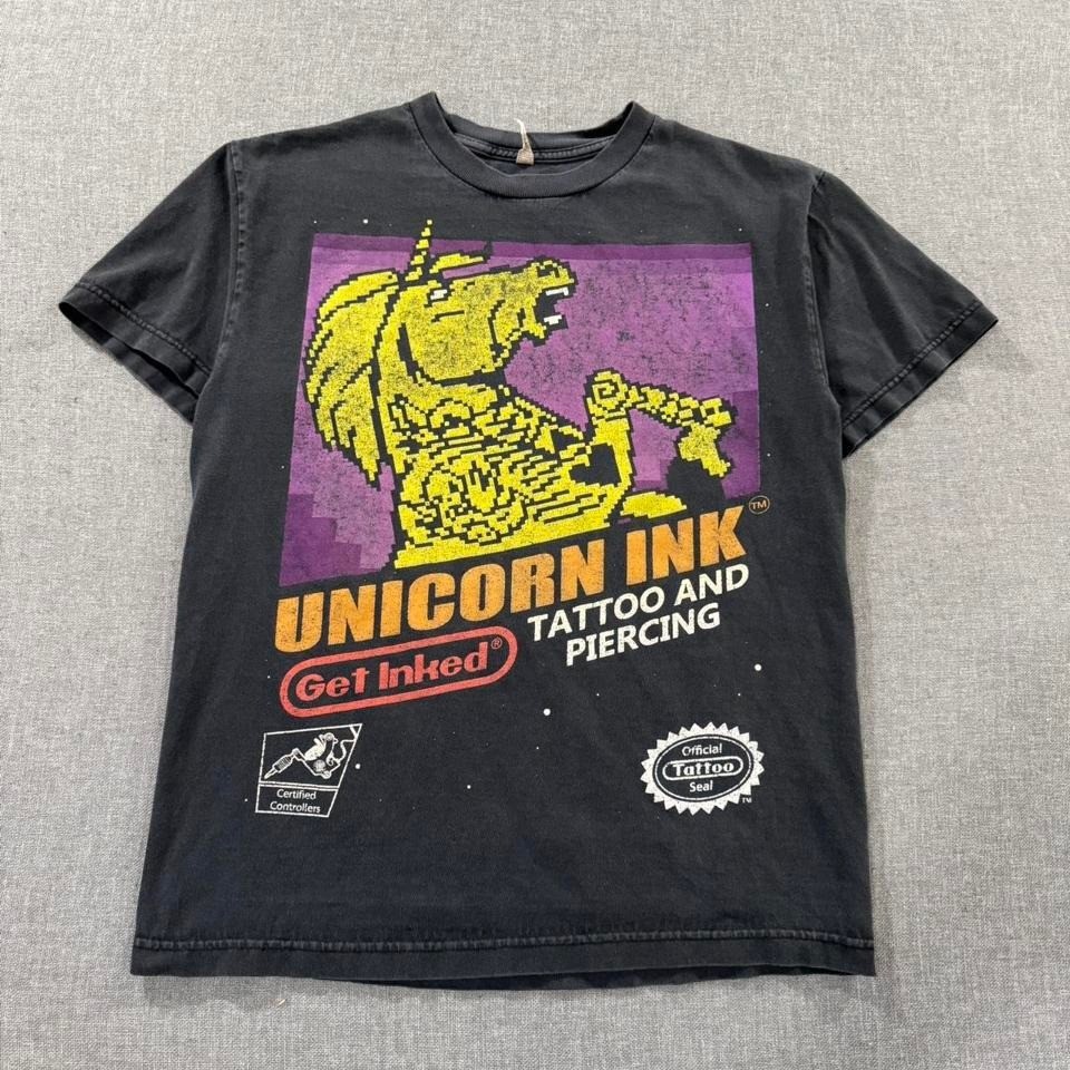 Unicorn Ink Tattoo & Piercing Studio T-shirt Nintendo Parody Black Mens Medium