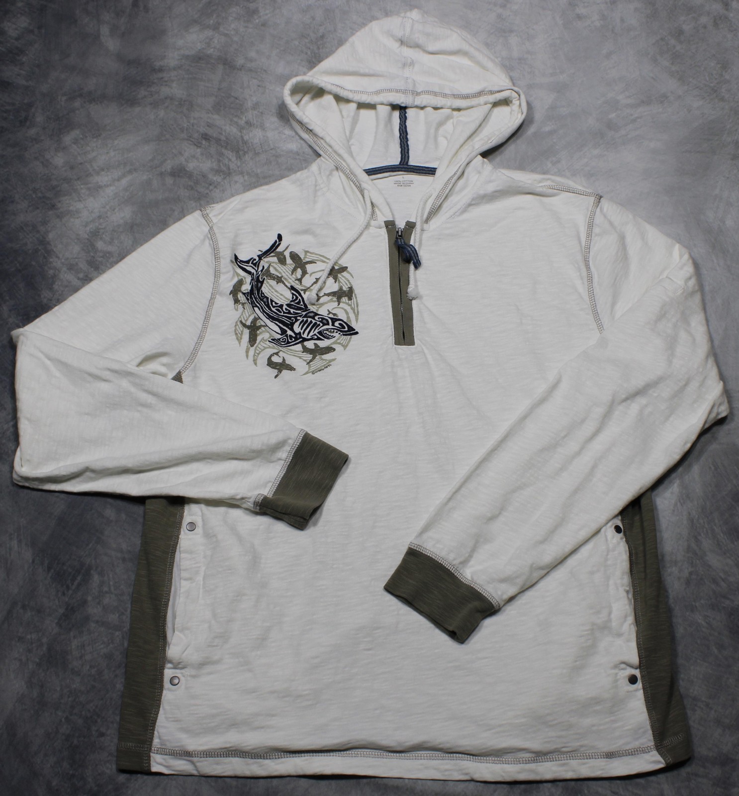 Crazy Shirts Shirt Mens Large Shark Graphic Long Sleeve Hooded Henley 1/2 Zip