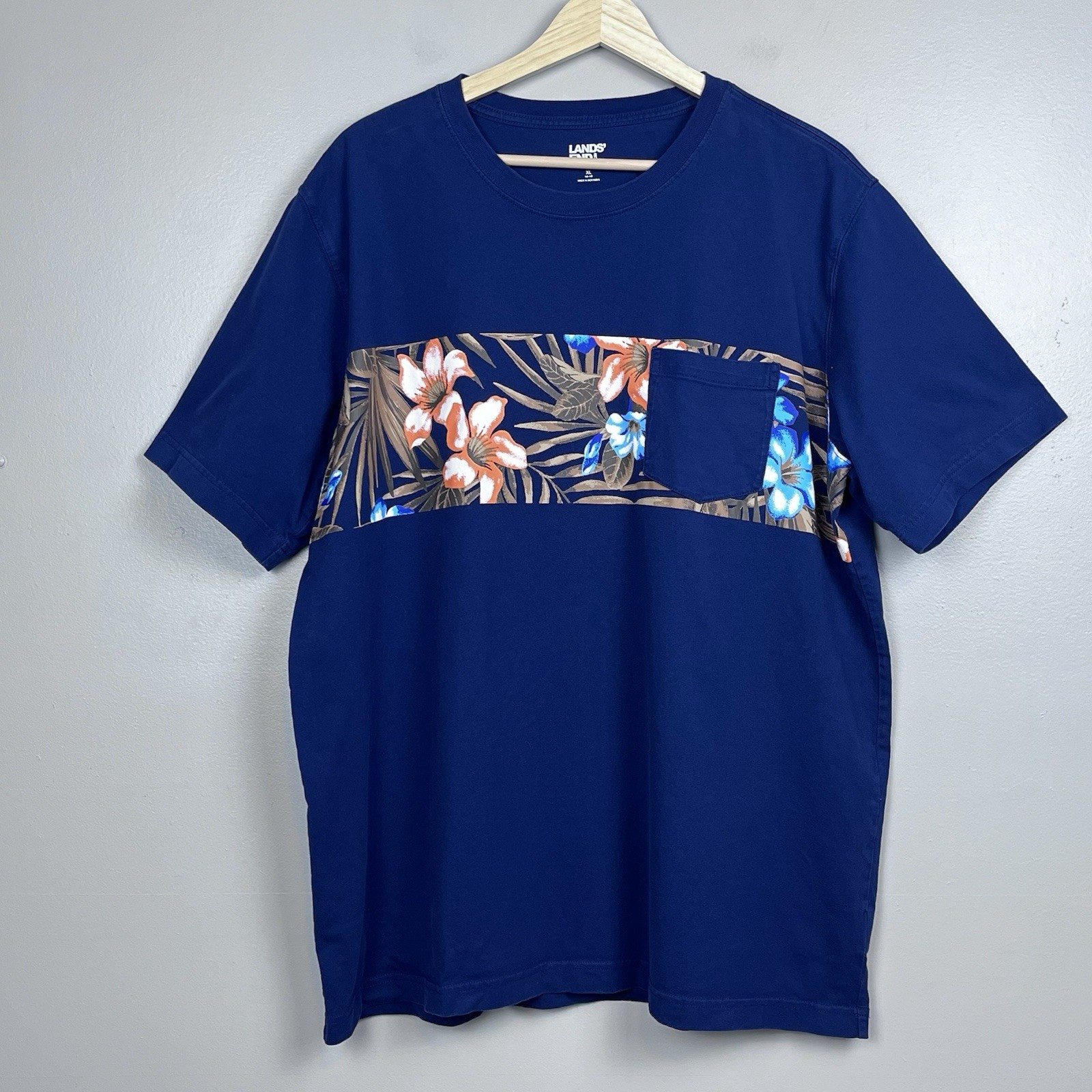 Lands End Super-T Men’s Cotton Hawaiian Print Colorblock Pocket Tee Size XL