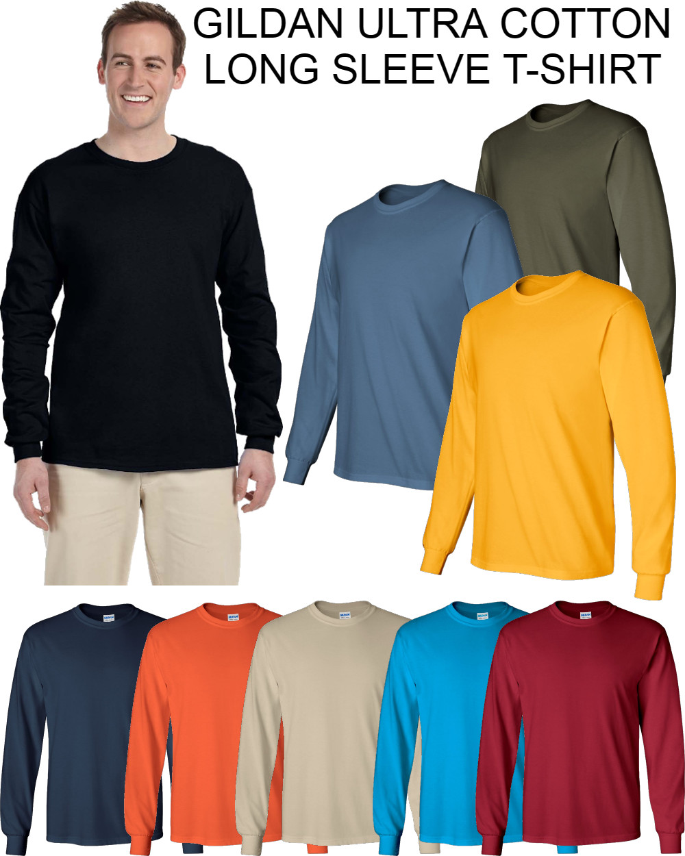NEW Gildan Men’s Ultra Cotton Plain Crew Neck Long Sleeves T-Shirt 2400 (G240)