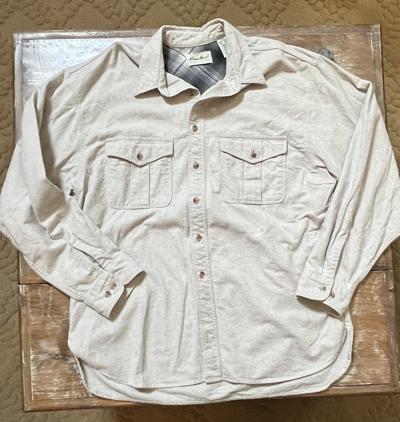 Vtg 90s Eddie Bauer-Oatmeal Chamois Brushed Flannel Button Shirt-Button 2 XXL-T