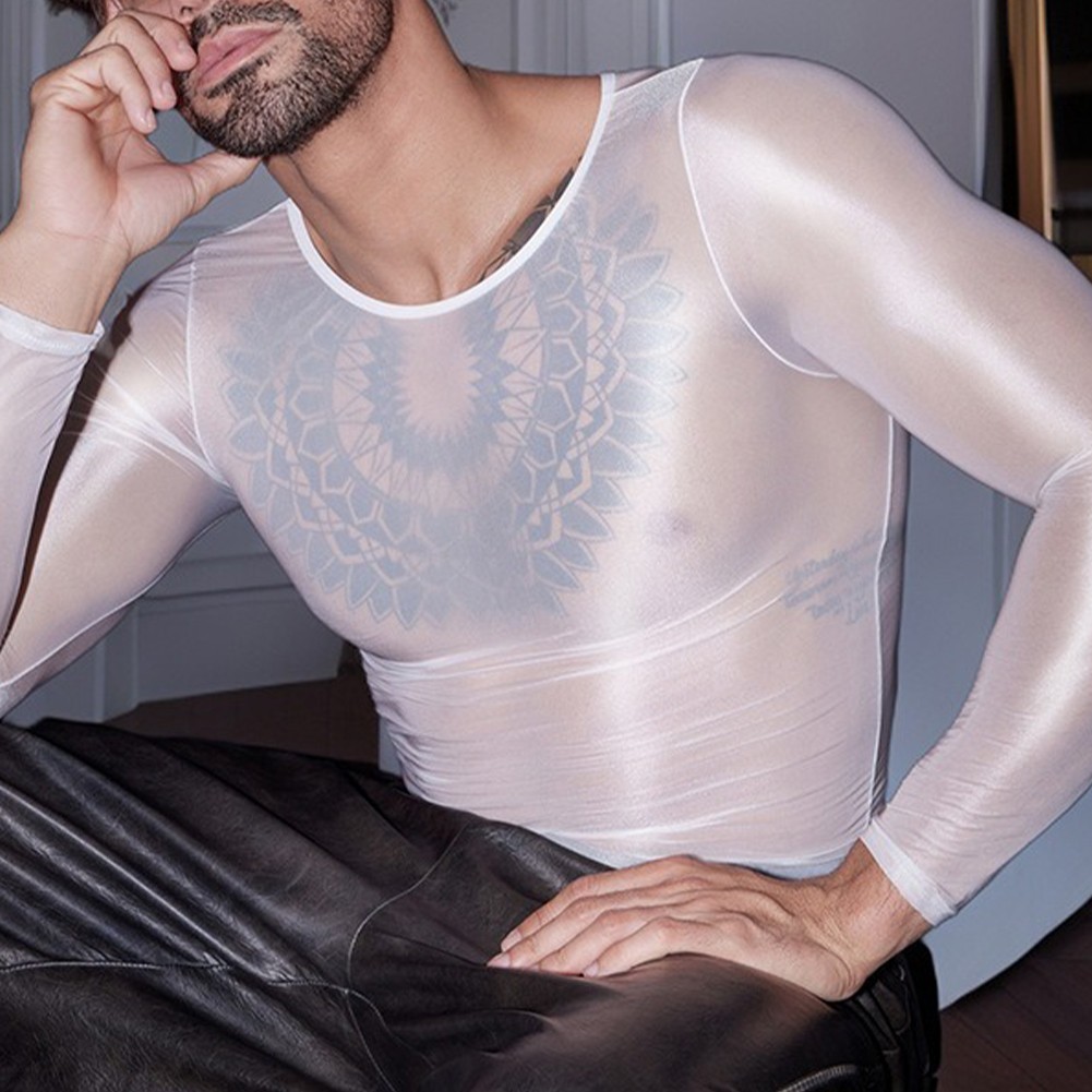 Men’s Oil Shiny See Through Long Sleeve Sheer Tights Top Sexy Lingerie Shirt