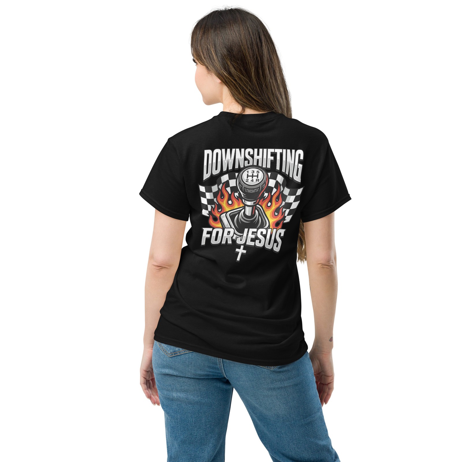 Downshifting for Jesus shifter flames checkered flag racing car racecar