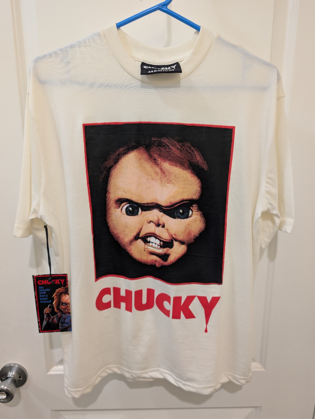 Childs Play Chucky Doll Short Sleeve T-Shirt Khaki Scary Movie Halloween Medium