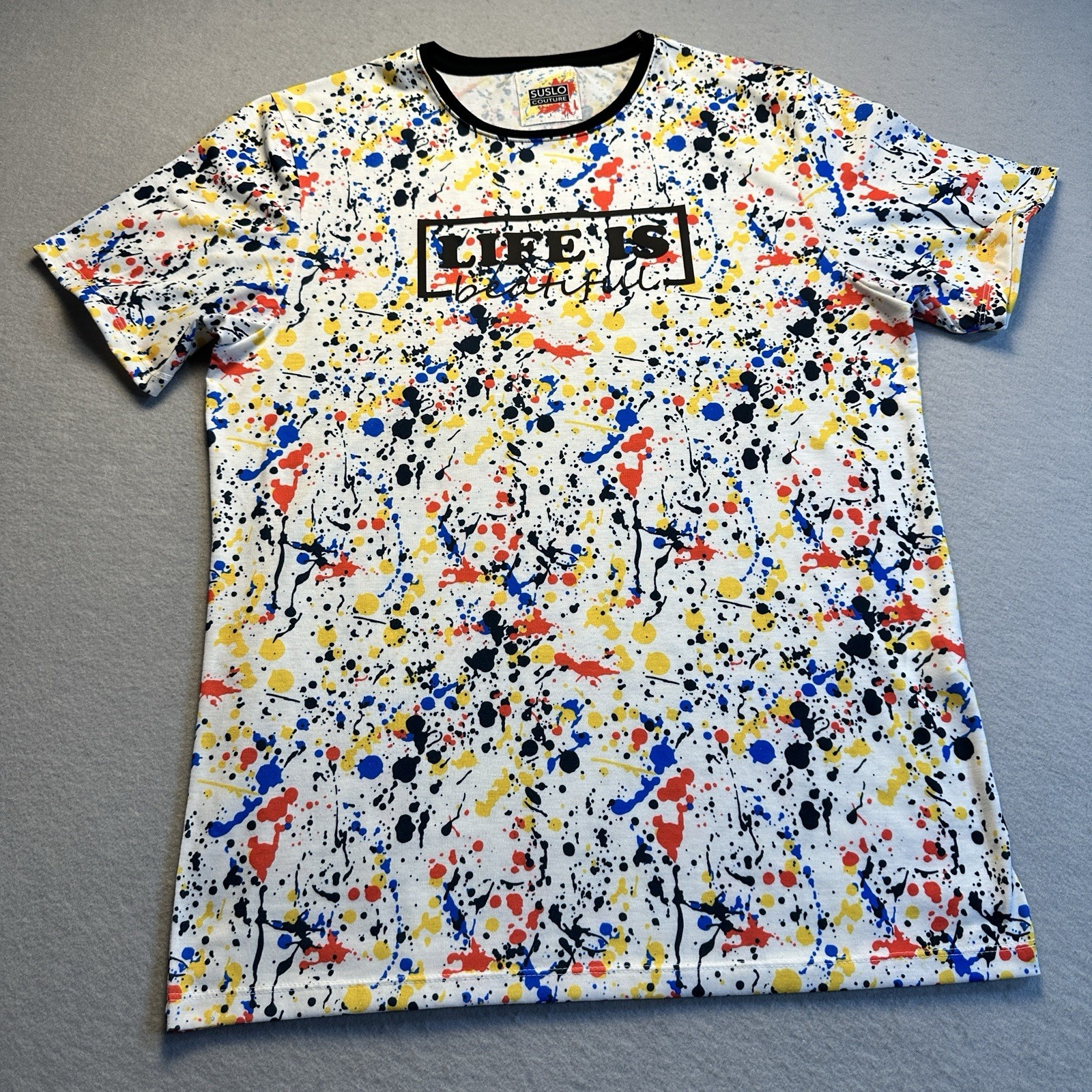 Suslo Couture Life Is Beautiful Graphic TShirt White Multicolor Paint Mens Large