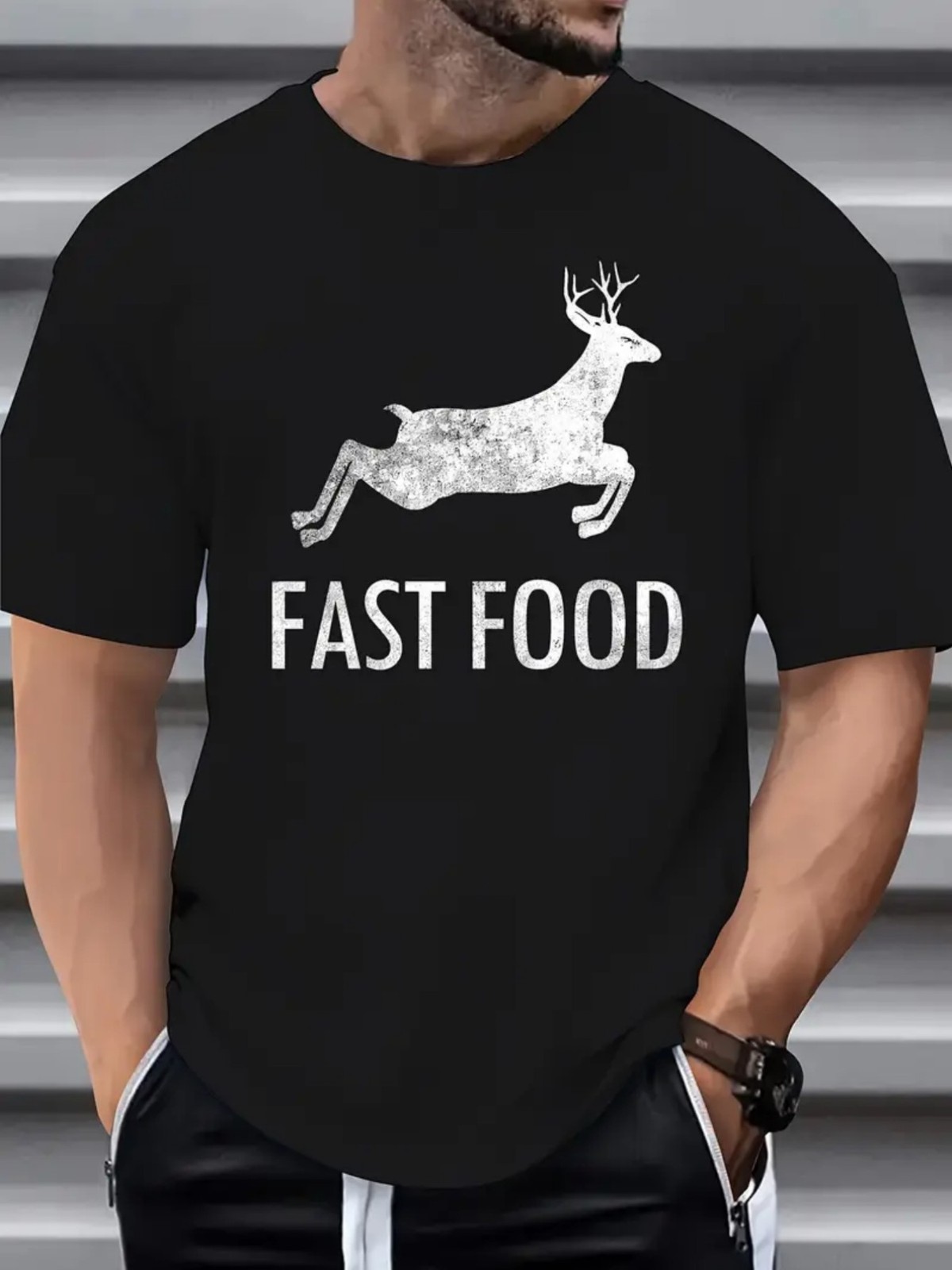 Men’S Black Graphic T-Shirt – Fast Food Deer Design – Hip-Hop Streetwear Tee – S