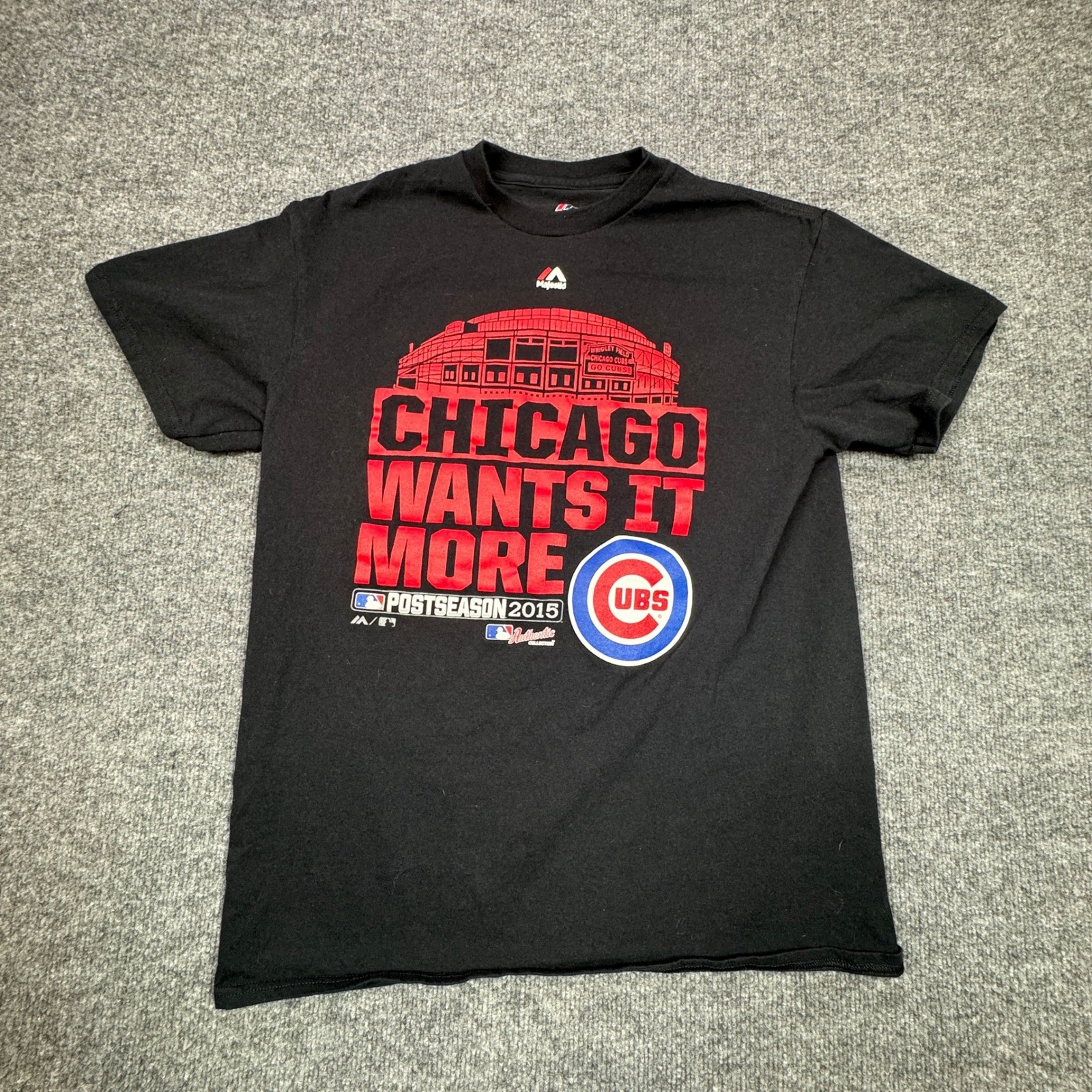 Majestic Chicago Cubs T Shirt Mens M Black Postseason 2015 MLB Baseball Jersey