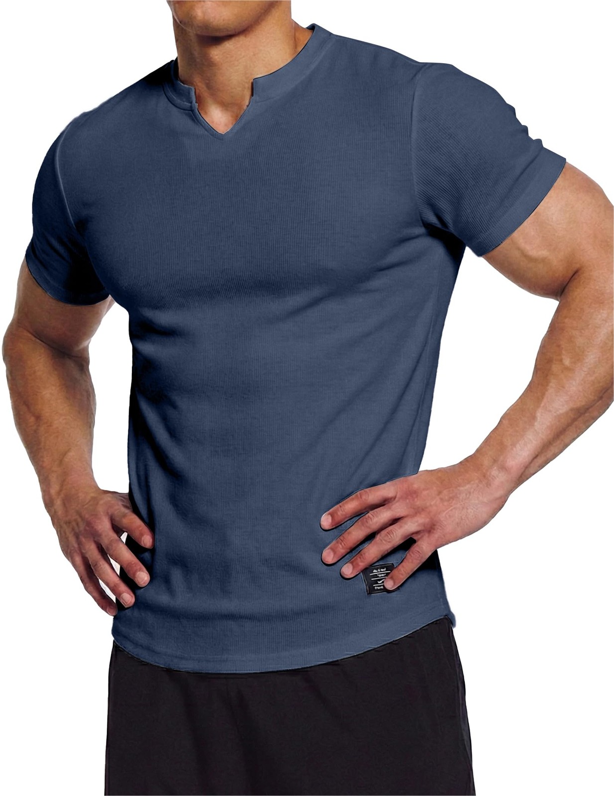 Mens Muscle Slim T Shirts Texture V Neck Longline Henley Gym Workout Athletic…