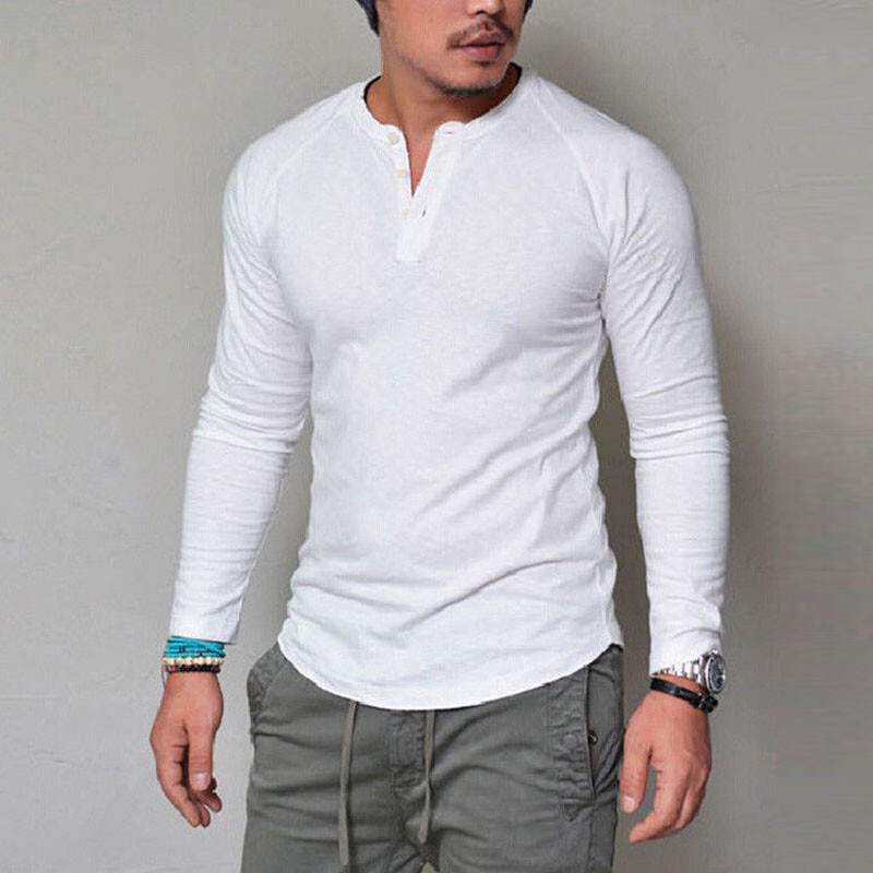 Men’s Long Sleeve Cotton T-Shirt Solid Slim Fit Button Up Tops Blouse Tee Casual